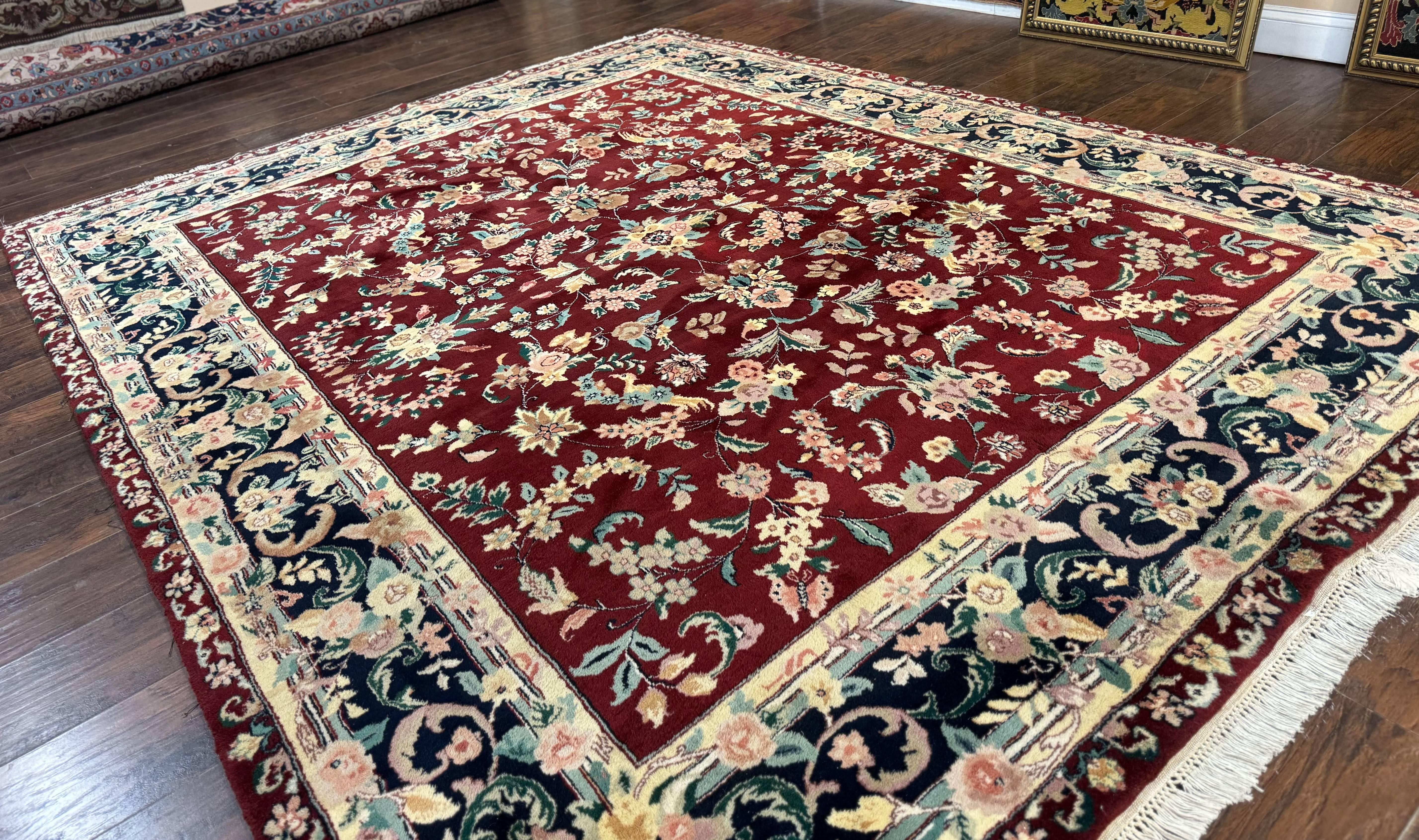 Indo Persian Rug 8x10, Floral Allover with Bird Pictorials, Maroon and Navy Blue, Handmade Wool Area Rug - Image 12