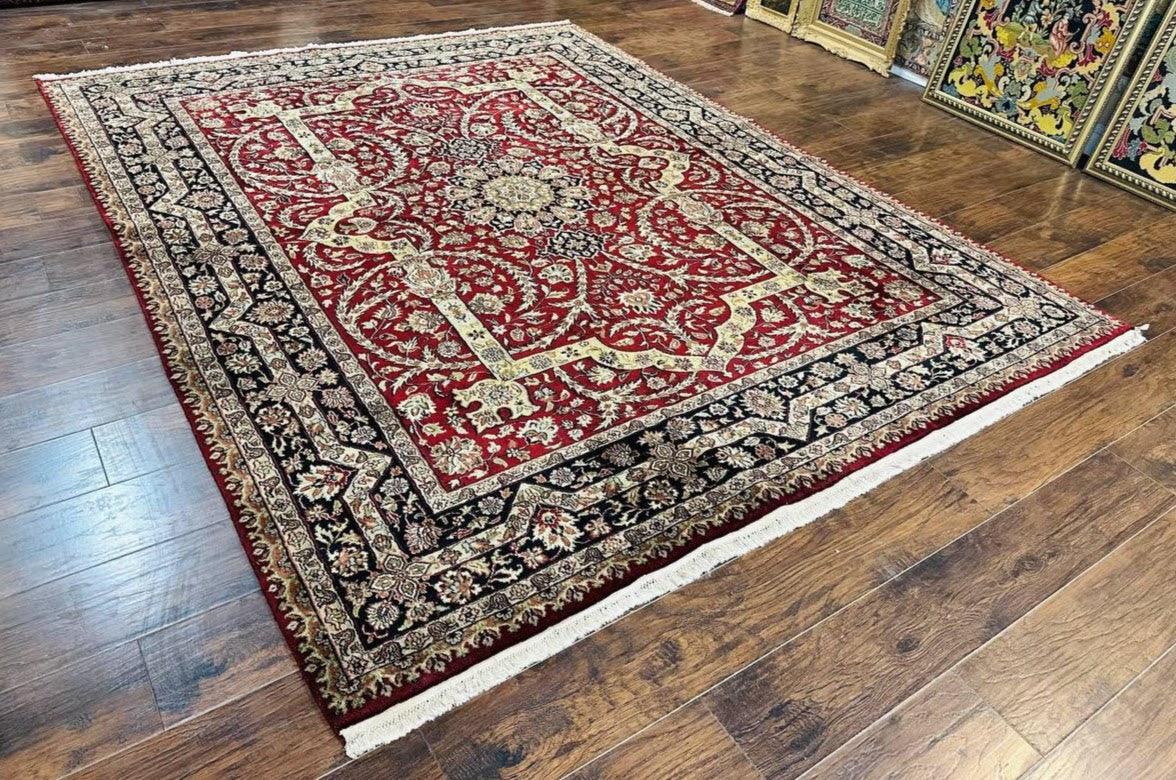 Indo Persian Rug 8x10, Red Vintage Wool Traditional Carpet, Floral, Handmade - Image 2