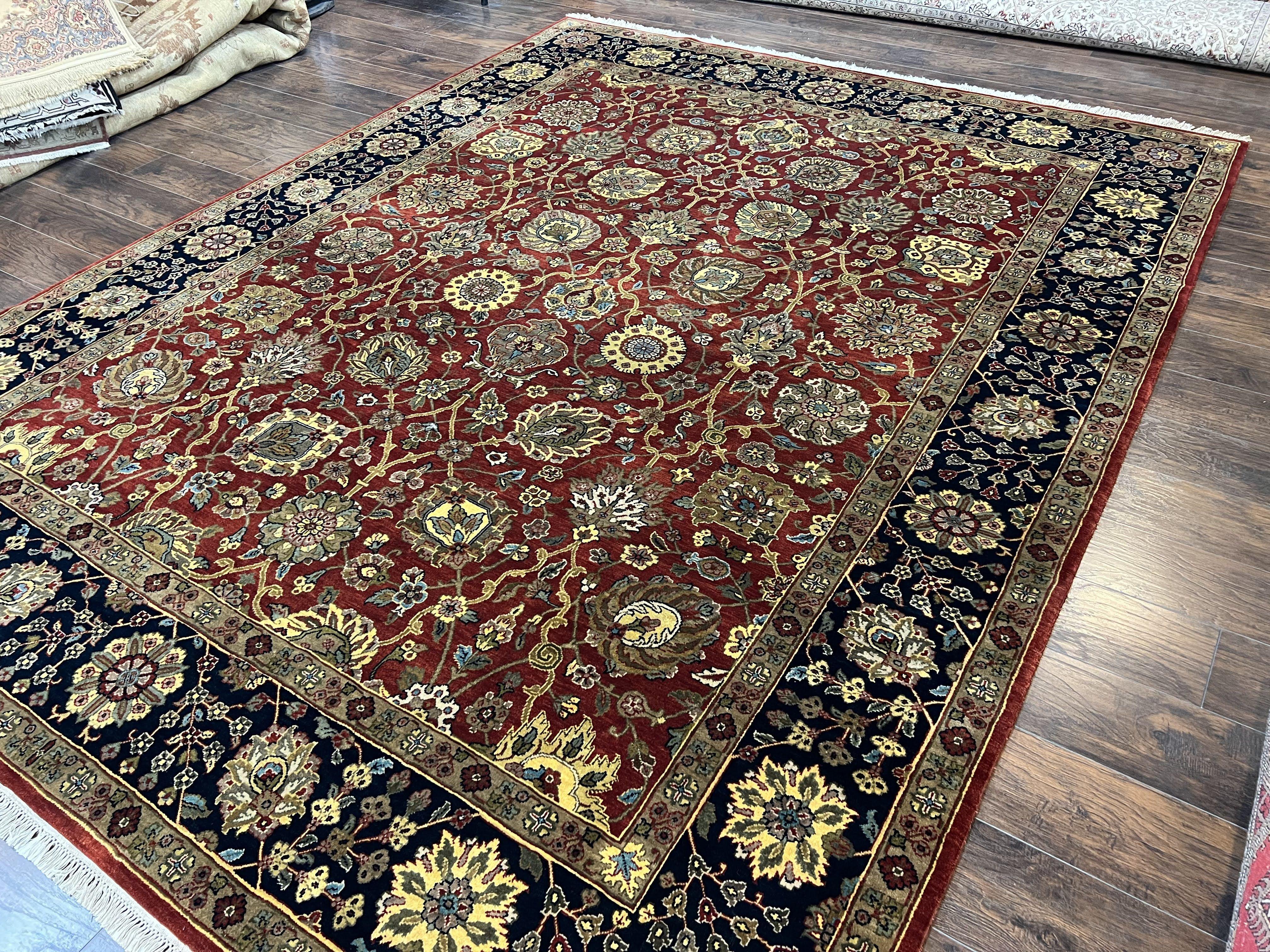Indo Persian Rug 9x12, Hand Knotted Traditional Indian Wool Oriental Carpet 9 x 12 ft, Maroon and Navy Blue, Floral Allover 9x12 Vintage Rug - Image 2