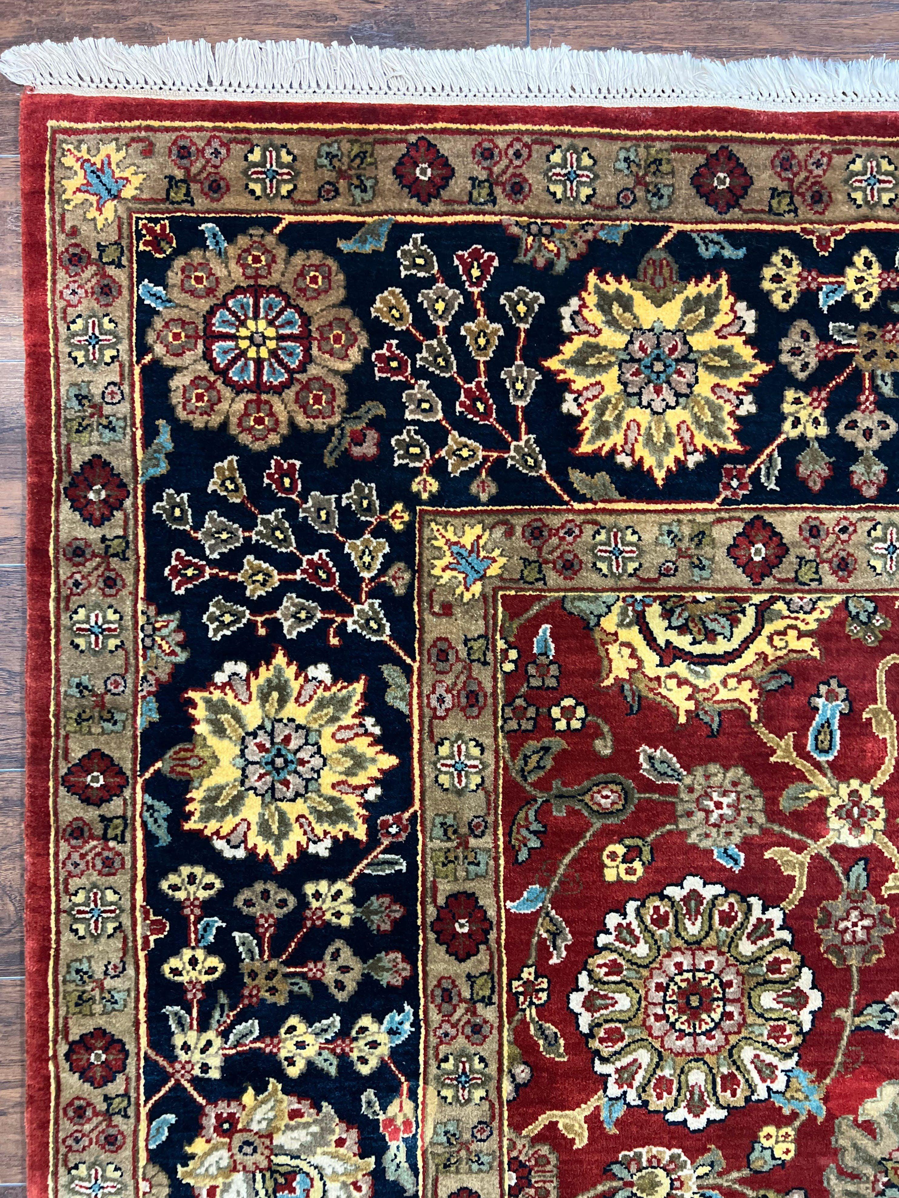Indo Persian Rug 9x12, Hand Knotted Traditional Indian Wool Oriental Carpet 9 x 12 ft, Maroon and Navy Blue, Floral Allover 9x12 Vintage Rug - Image 6