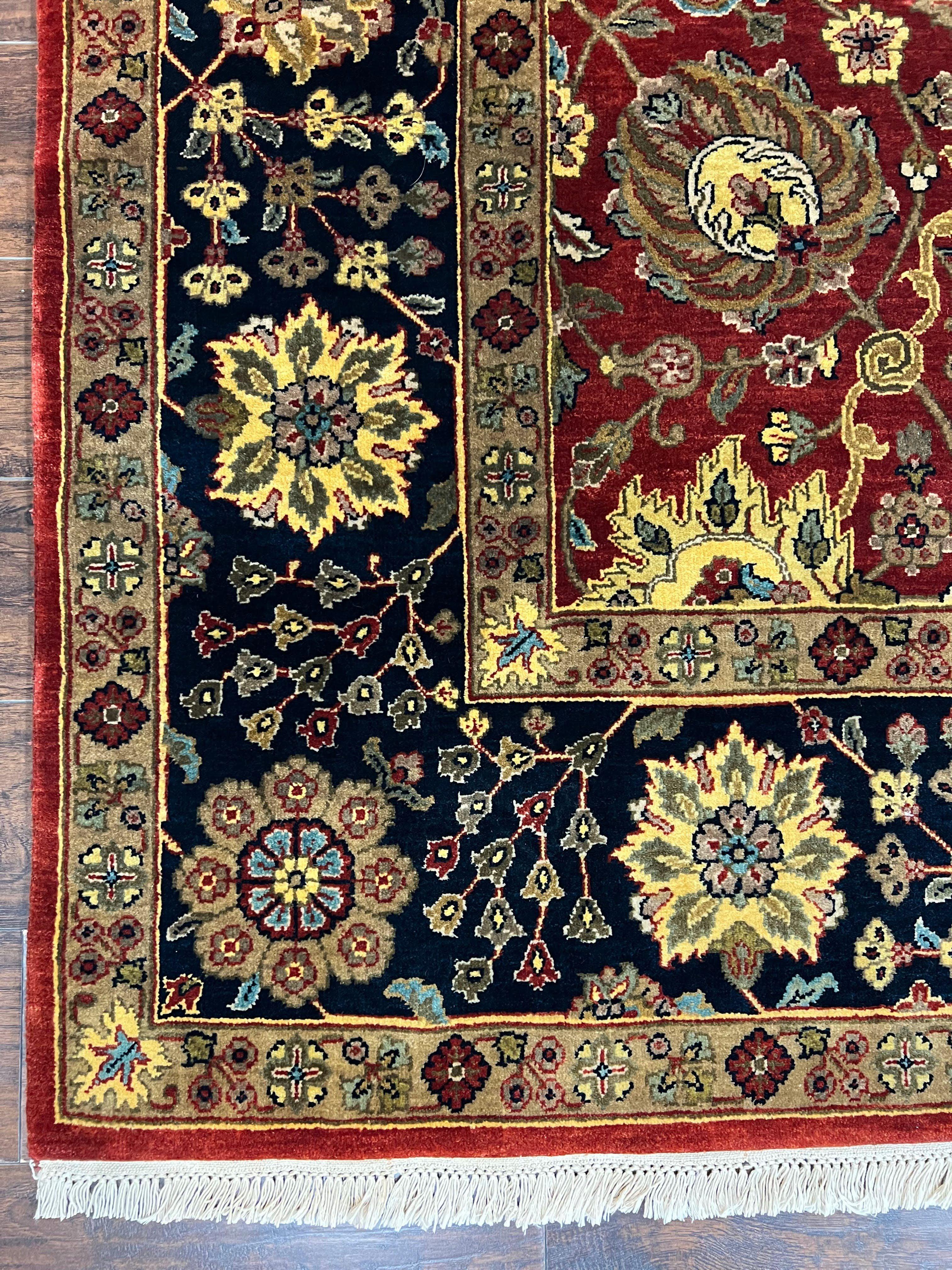Indo Persian Rug 9x12, Hand Knotted Traditional Indian Wool Oriental Carpet 9 x 12 ft, Maroon and Navy Blue, Floral Allover 9x12 Vintage Rug - Image 8