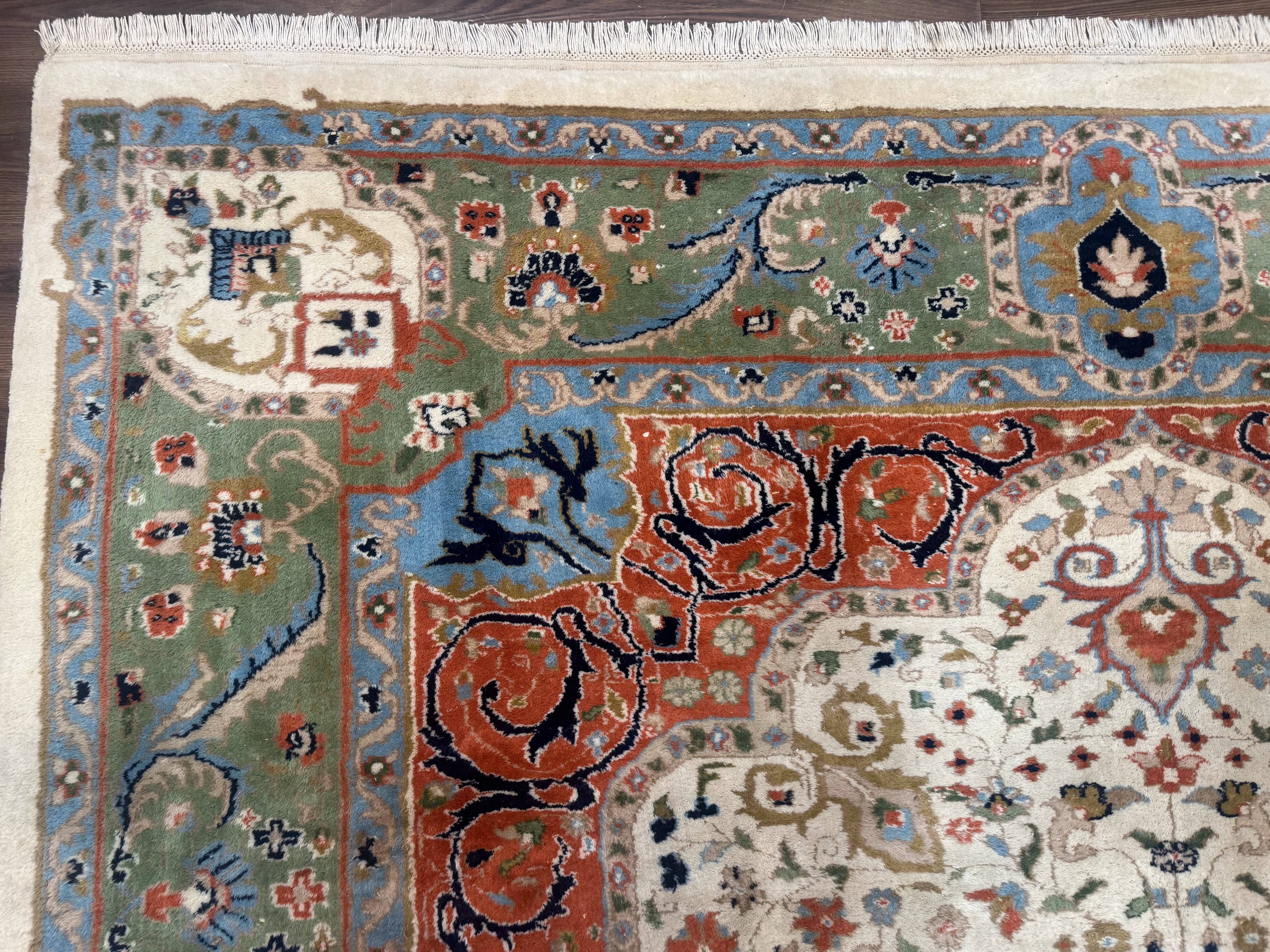 Indo Persian Rug 9x12, Ivory Red Green, Traditional Oriental Carpet - Image 6