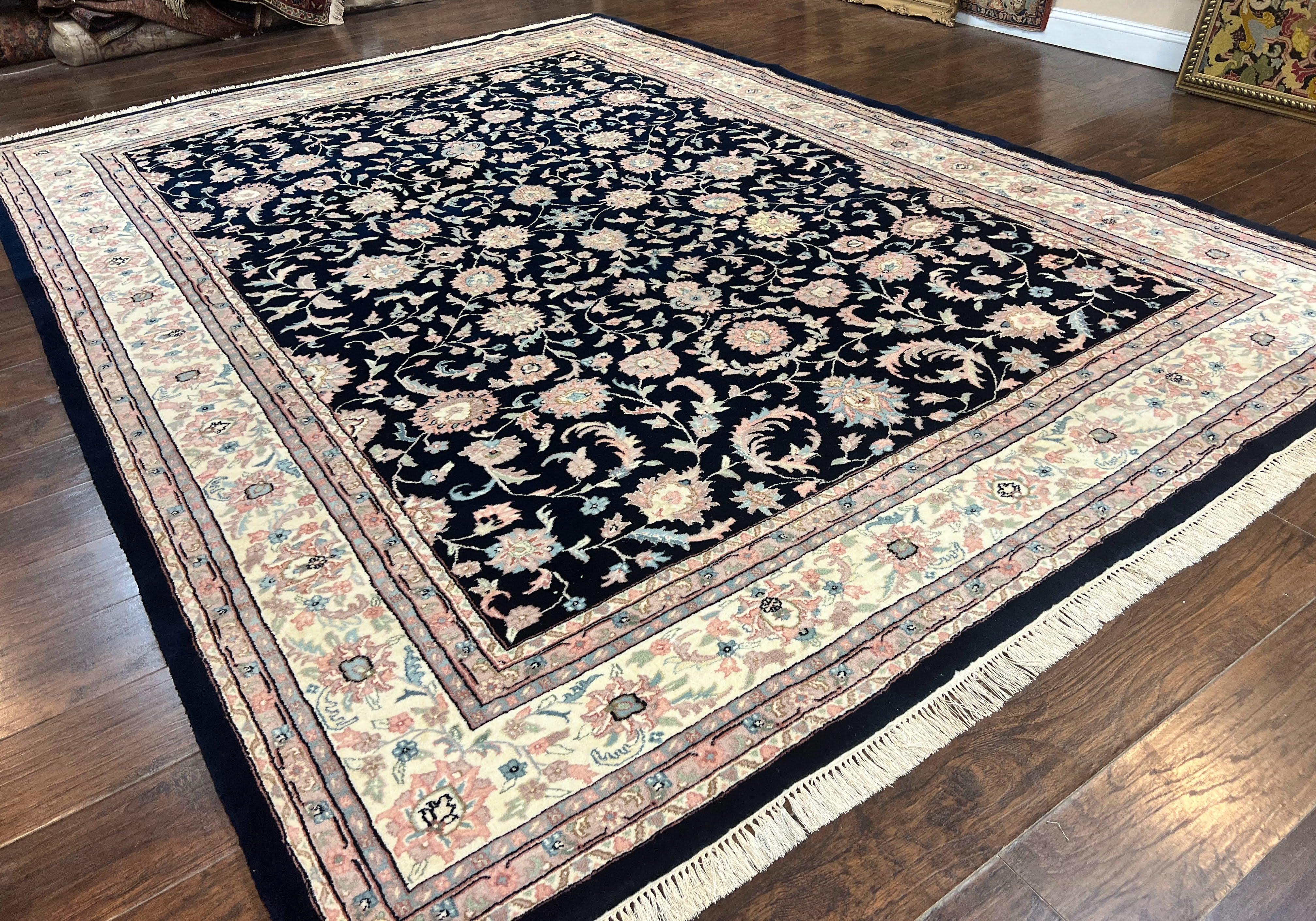 Indo Persian Rug 9x12, Navy Blue and Ivory/Cream, Floral Allover, Wool Vintage Handmade Carpet - Image 12
