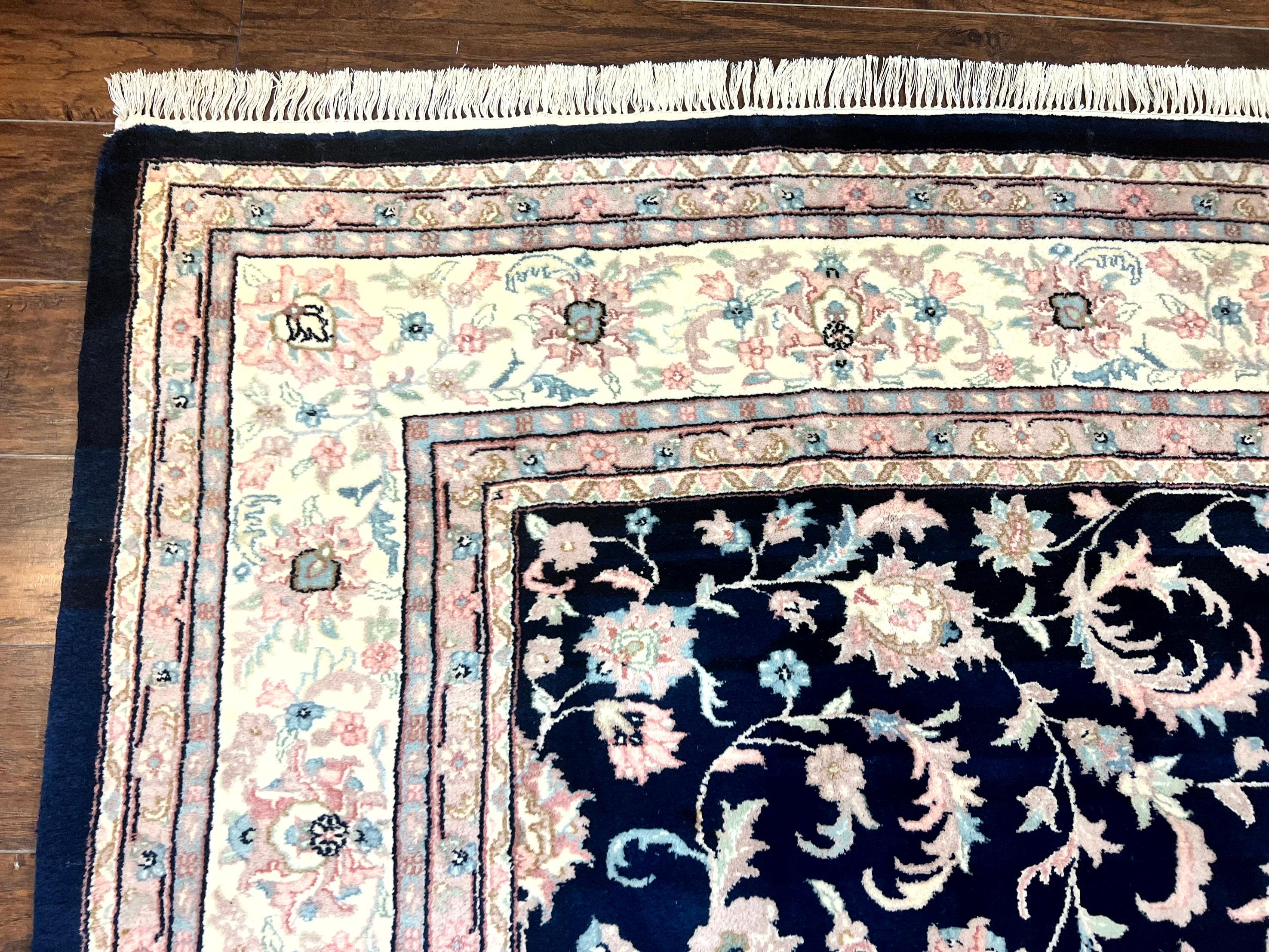 Indo Persian Rug 9x12, Navy Blue and Ivory/Cream, Floral Allover, Wool Vintage Handmade Carpet - Image 6