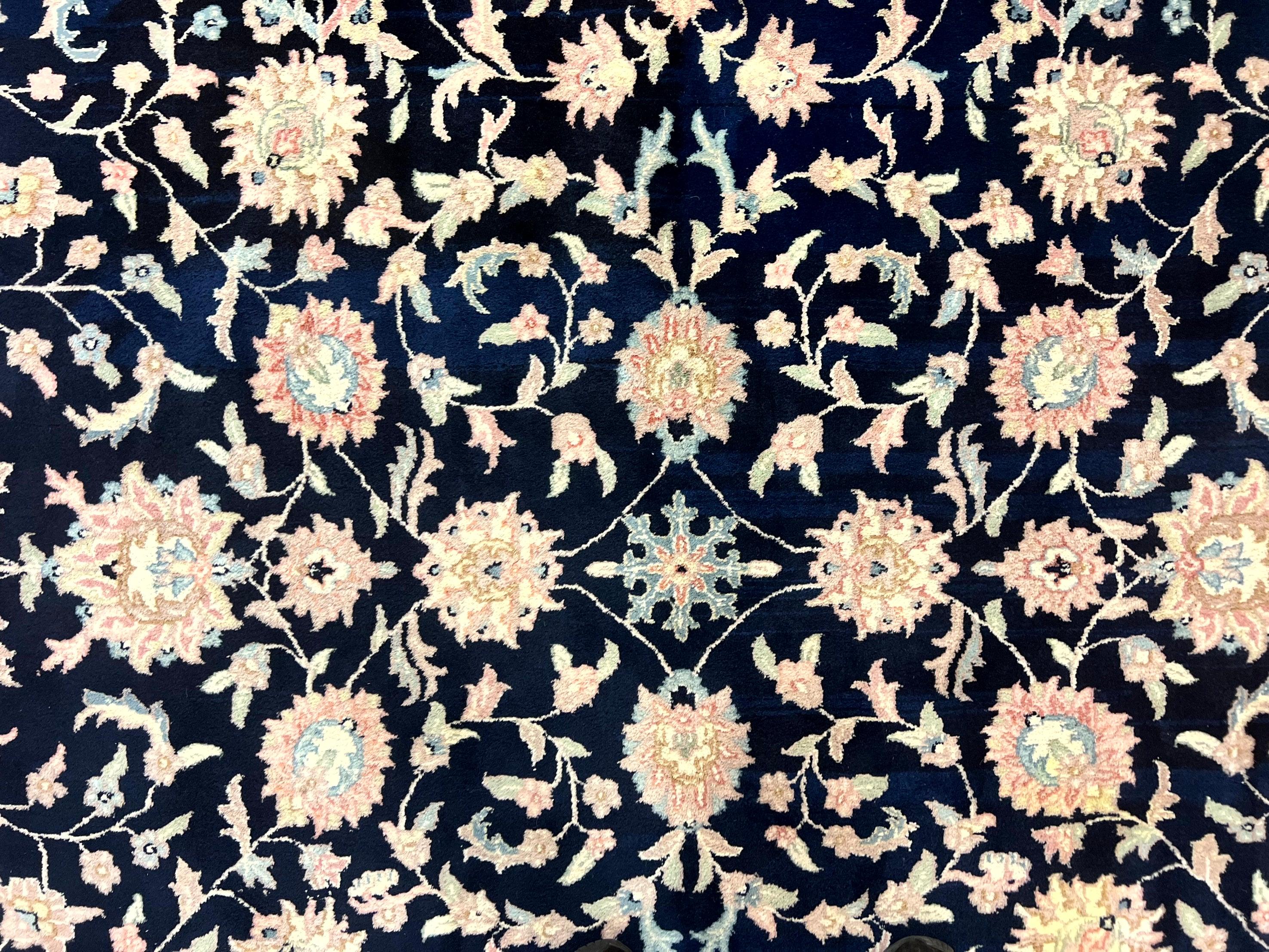 Indo Persian Rug 9x12, Navy Blue and Ivory/Cream, Floral Allover, Wool Vintage Handmade Carpet - Image 7