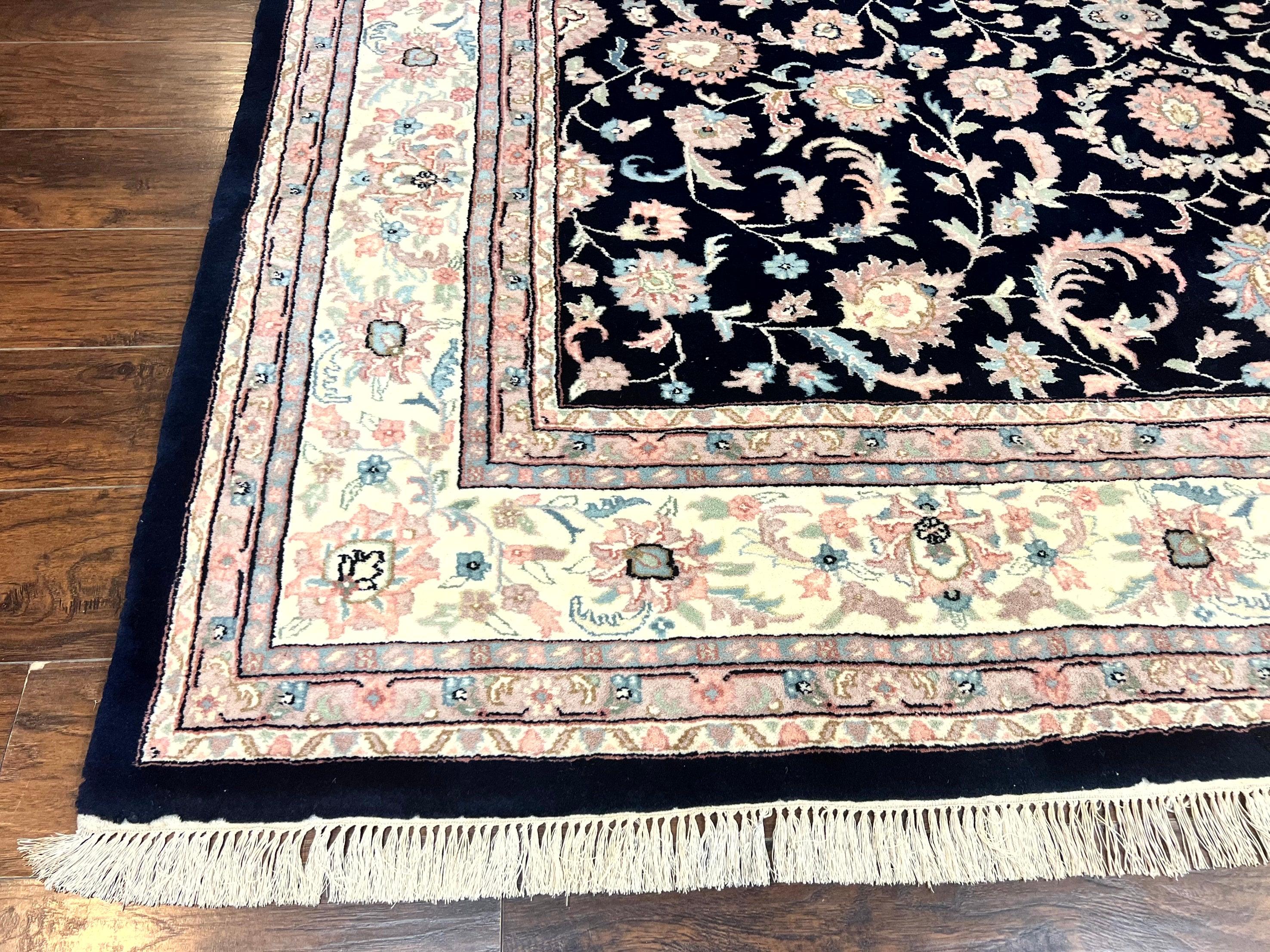 Indo Persian Rug 9x12, Navy Blue and Ivory/Cream, Floral Allover, Wool Vintage Handmade Carpet - Image 8