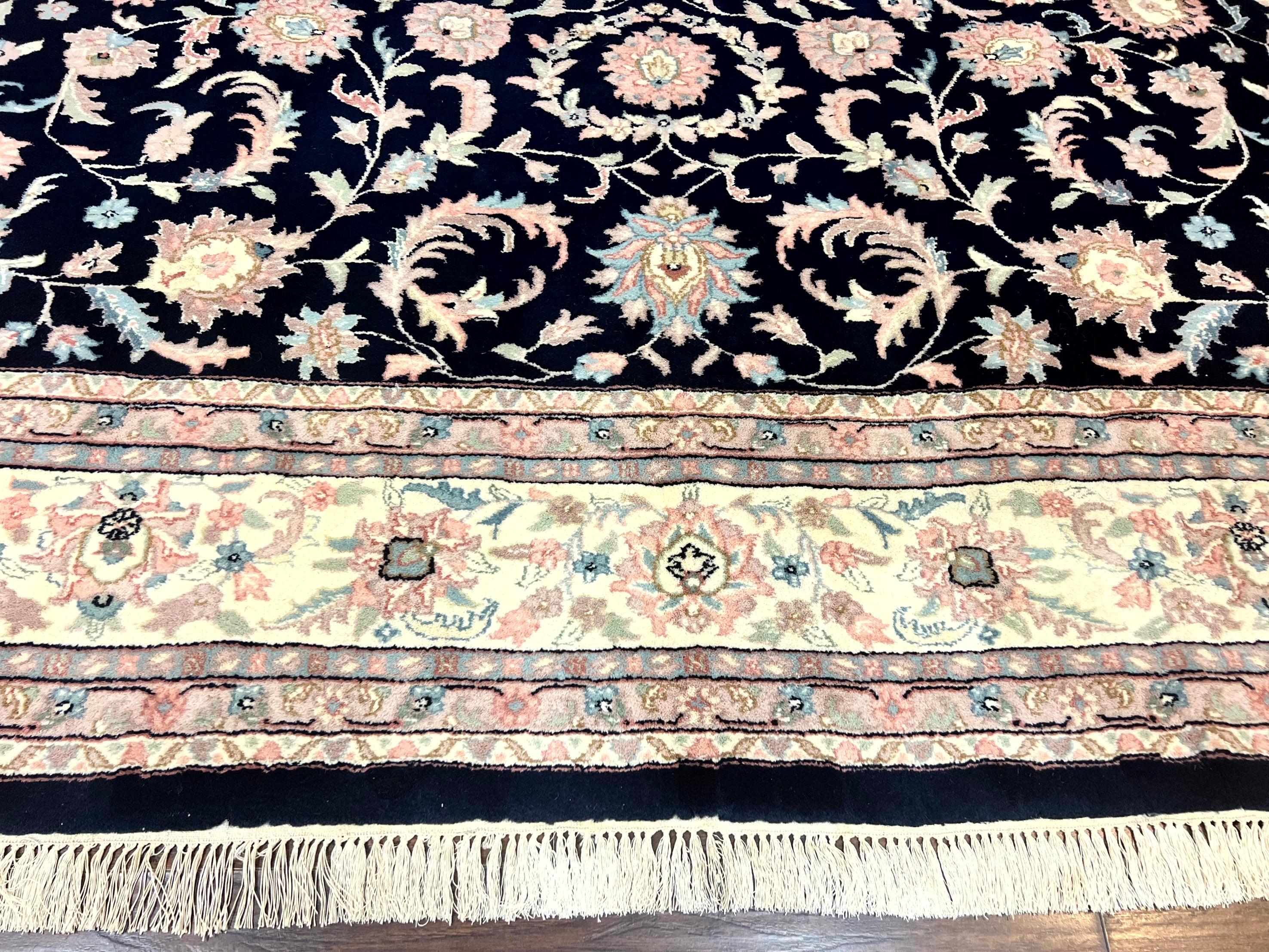Indo Persian Rug 9x12, Navy Blue and Ivory/Cream, Floral Allover, Wool Vintage Handmade Carpet - Image 9