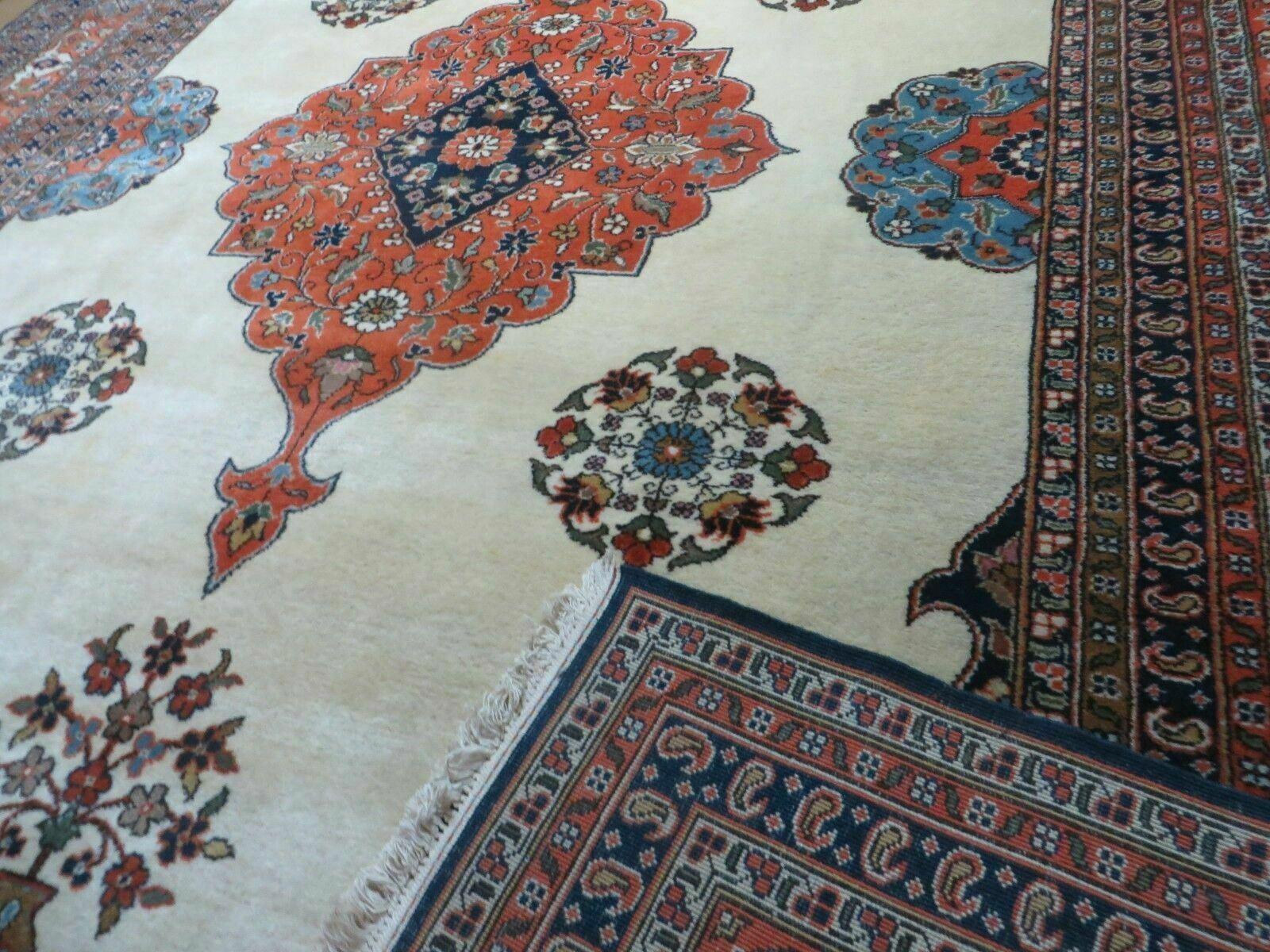 Indo Persian Rug 9x12, Semi Open Field Medallion, Ivory Tomato Red Navy Blue, Hand Knotted Indian Oriental Wool Carpet 9 x 12 ft, Room Sized - Image 10