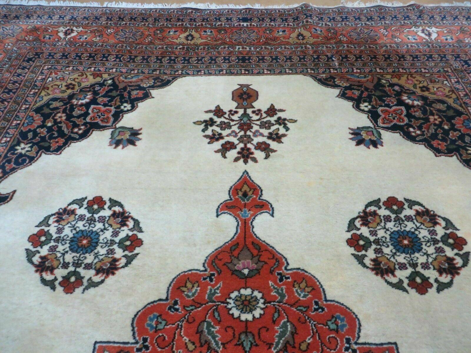 Indo Persian Rug 9x12, Semi Open Field Medallion, Ivory Tomato Red Navy Blue, Hand Knotted Indian Oriental Wool Carpet 9 x 12 ft, Room Sized - Image 3