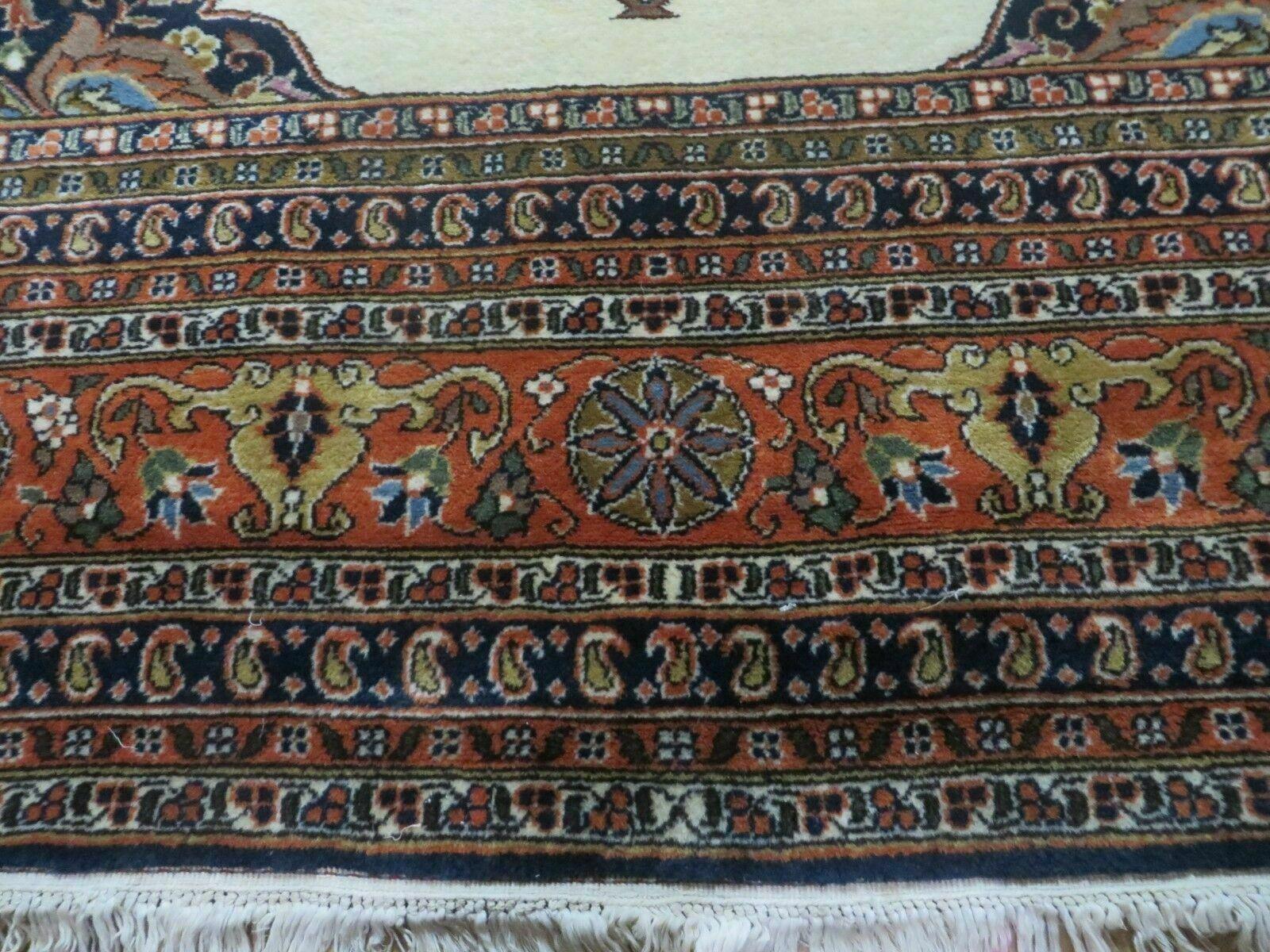 Indo Persian Rug 9x12, Semi Open Field Medallion, Ivory Tomato Red Navy Blue, Hand Knotted Indian Oriental Wool Carpet 9 x 12 ft, Room Sized - Image 5