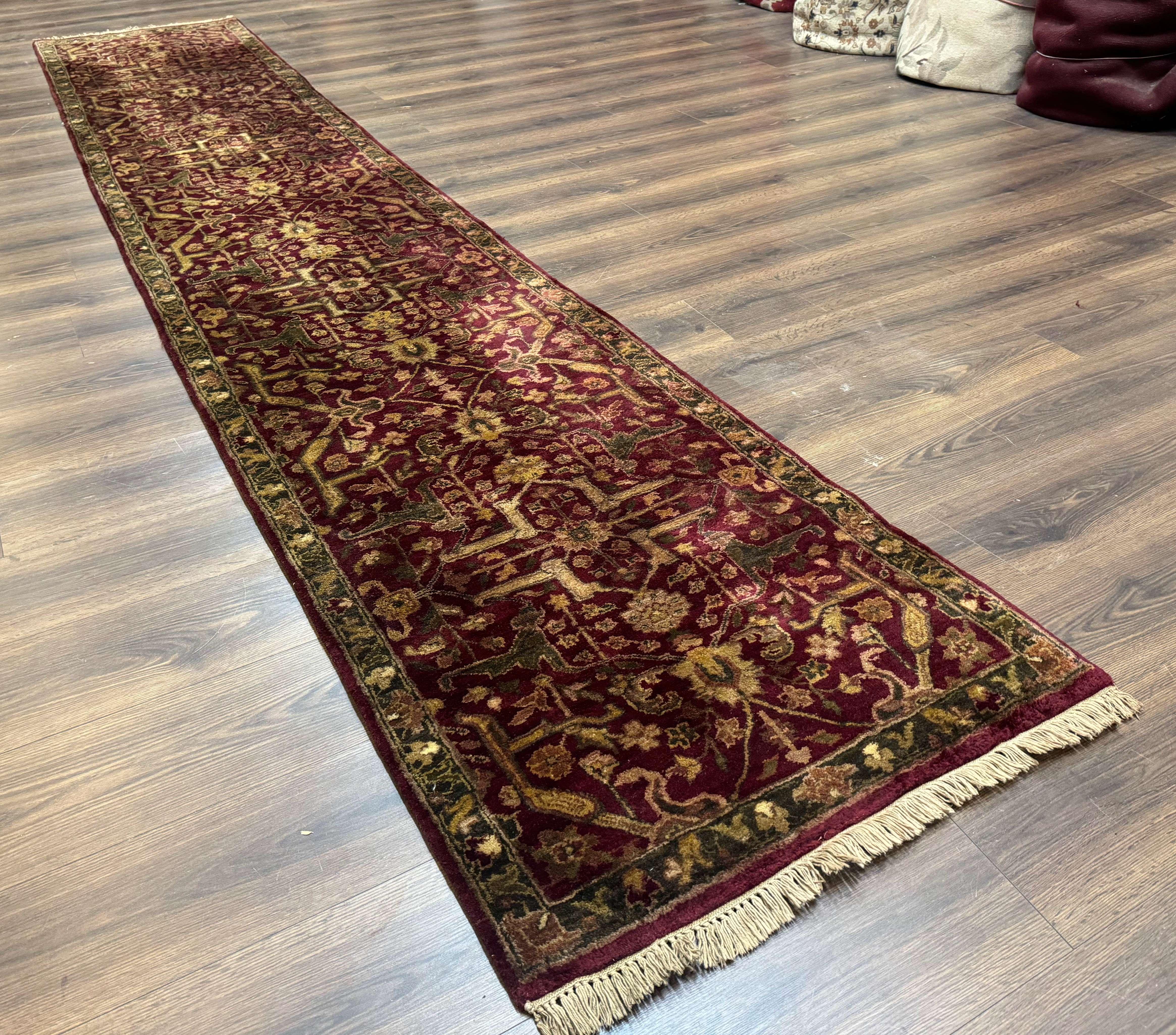 Indo Persian Runner Rug 2.7 x 13.8, Maroon, Wool, Handmade Indian Rug for Hallway - Image 12
