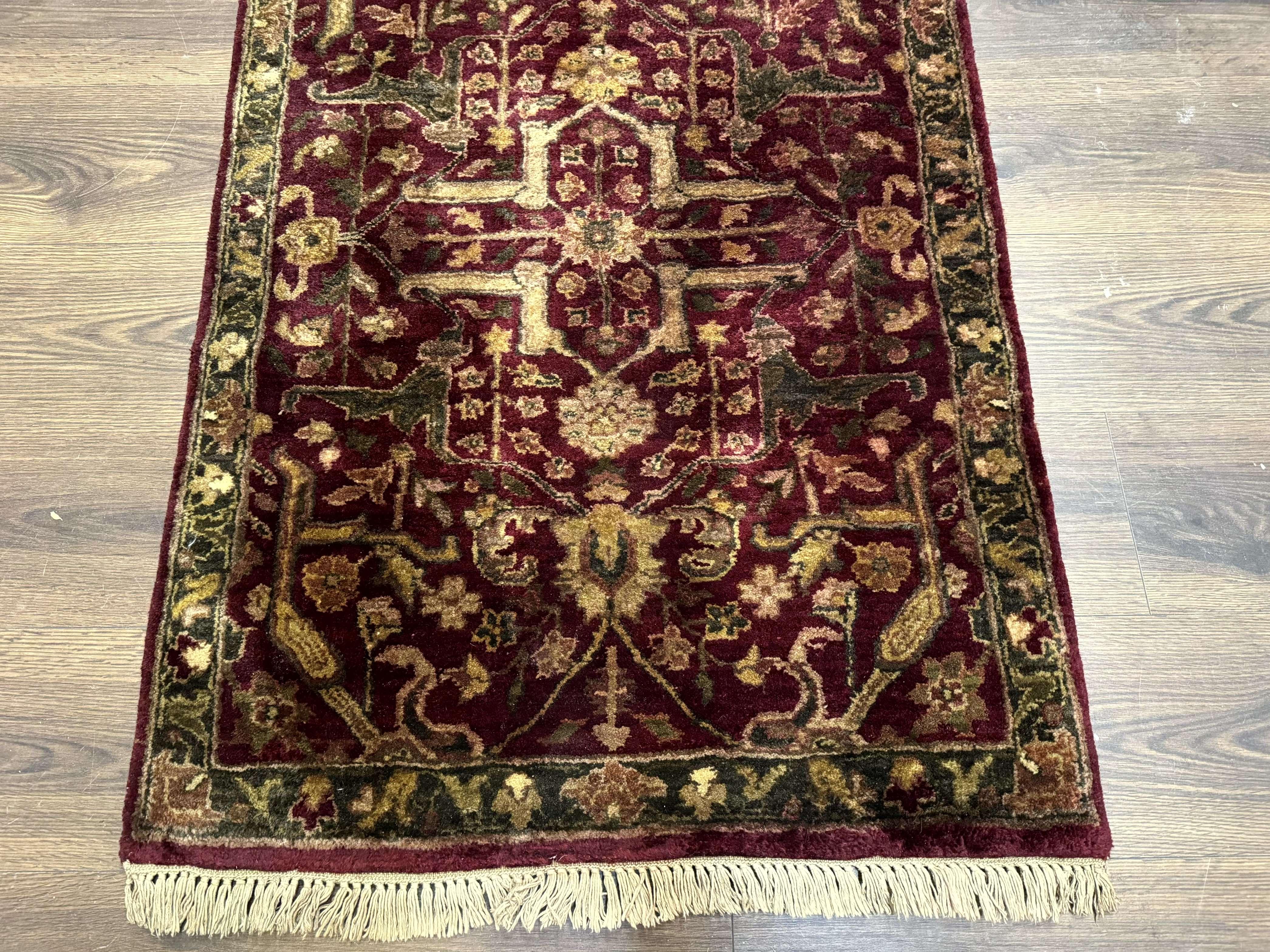 Indo Persian Runner Rug 2.7 x 13.8, Maroon, Wool, Handmade Indian Rug for Hallway - Image 5