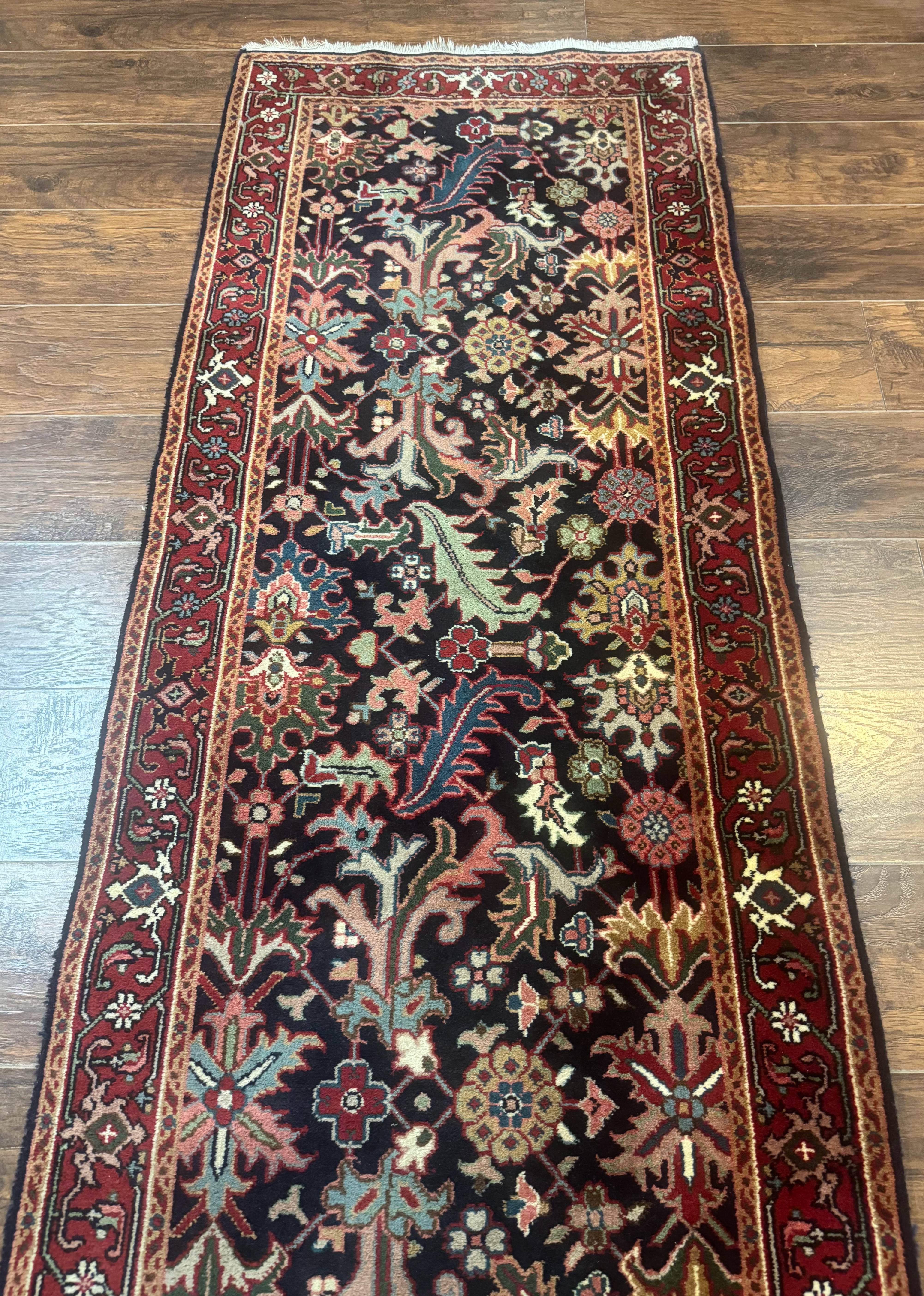 Indo Persian Runner Rug 2.7 x 13, Navy Blue and Red, Allover Floral, Wool, 13ft Runner - Image 12