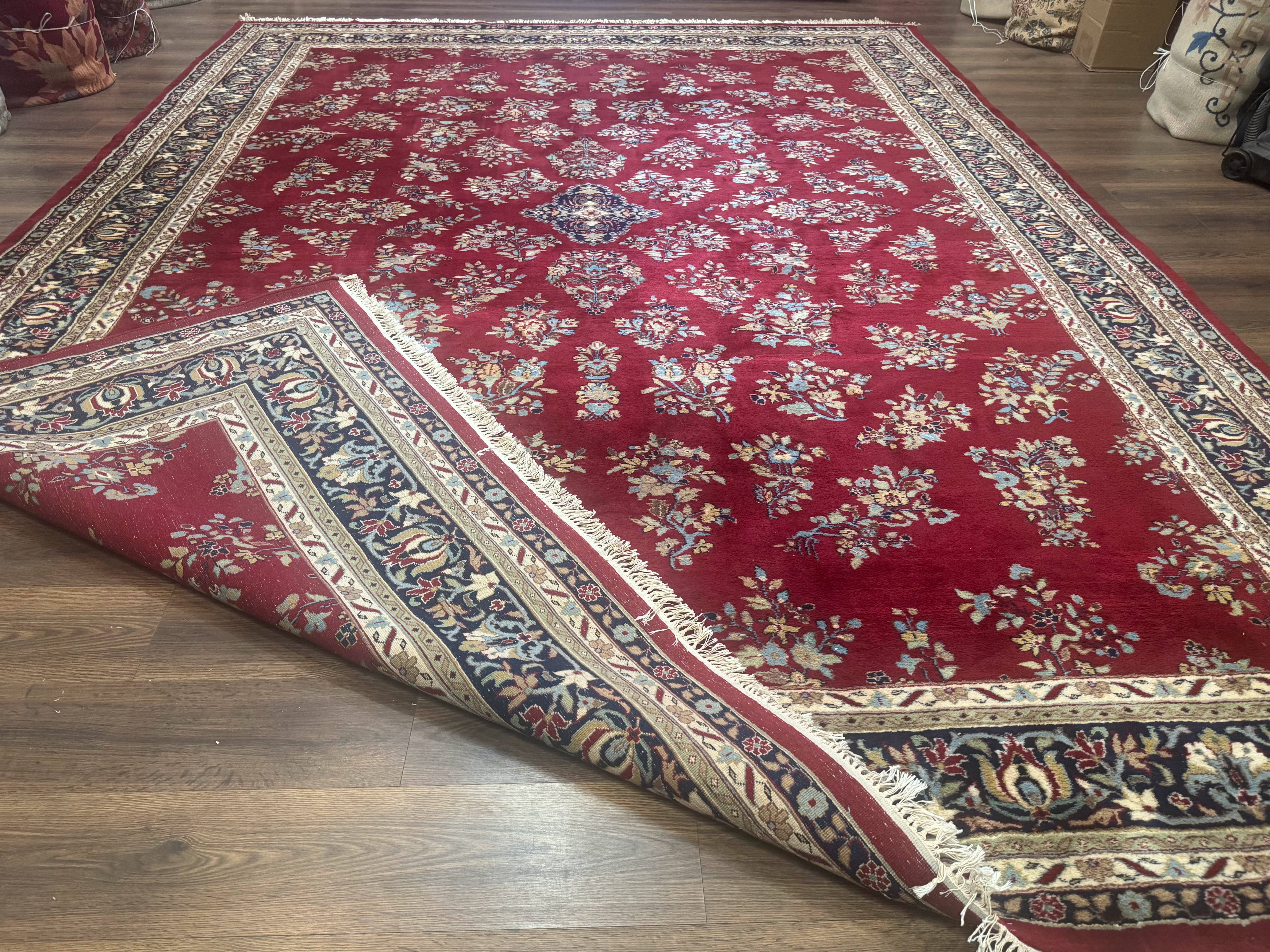 Indo Persian Sarouk Rug 10x14, Large Red and Navy Blue Carpet, Traditional Floral Wool Rug - Image 11