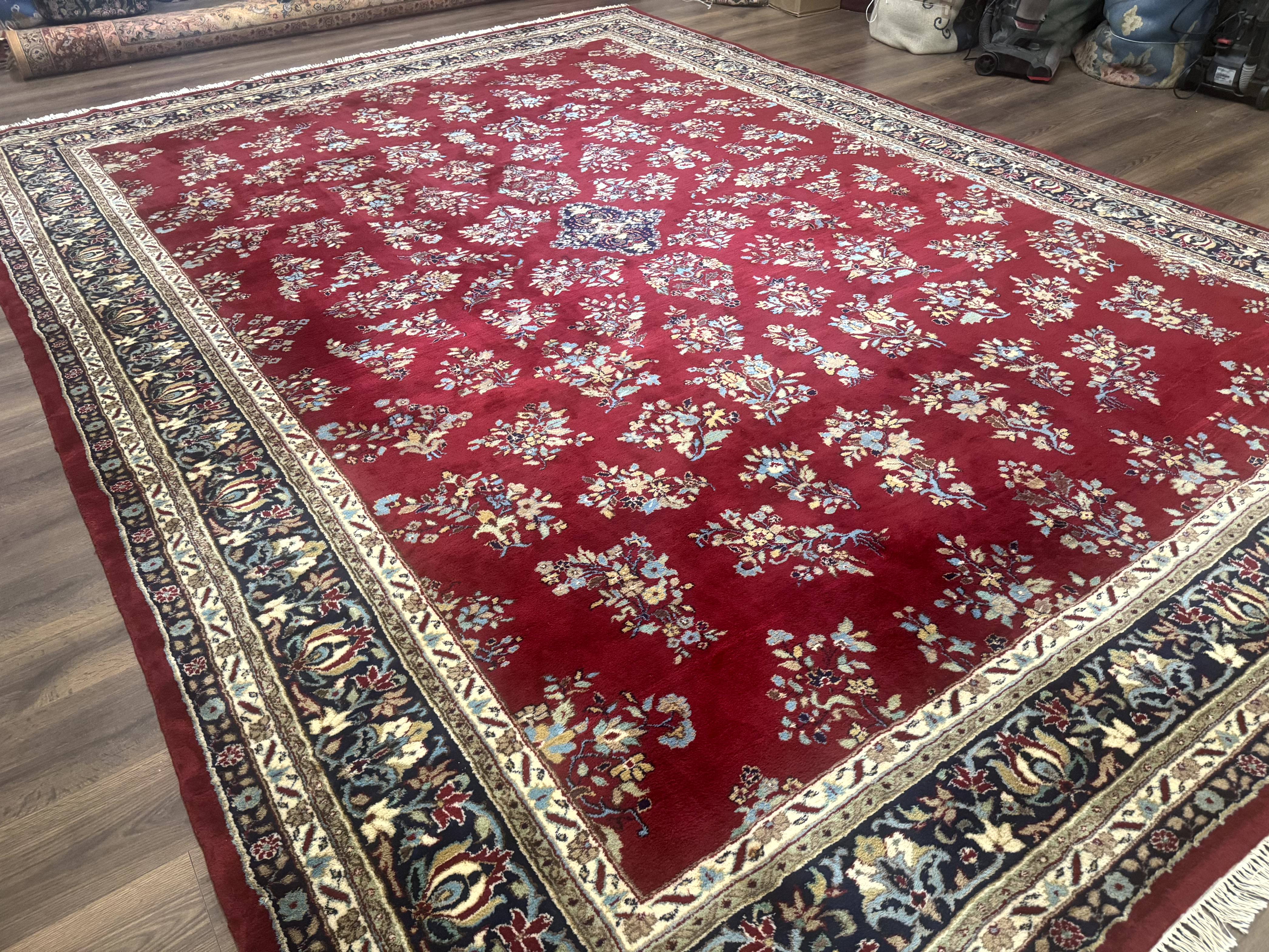 Indo Persian Sarouk Rug 10x14, Large Red and Navy Blue Carpet, Traditional Floral Wool Rug - Image 12
