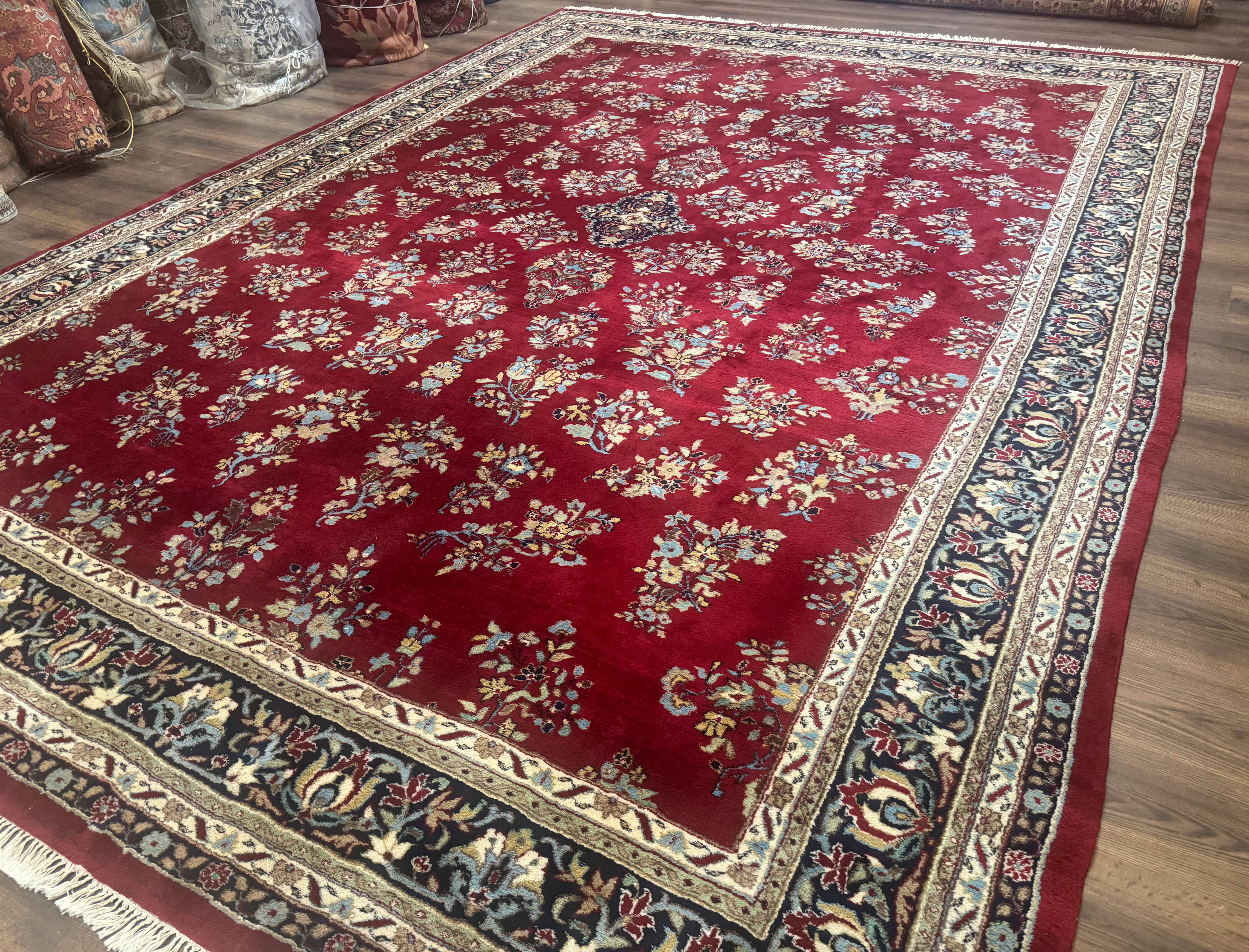 Indo Persian Sarouk Rug 10x14, Large Red and Navy Blue Carpet, Traditional Floral Wool Rug - Image 2