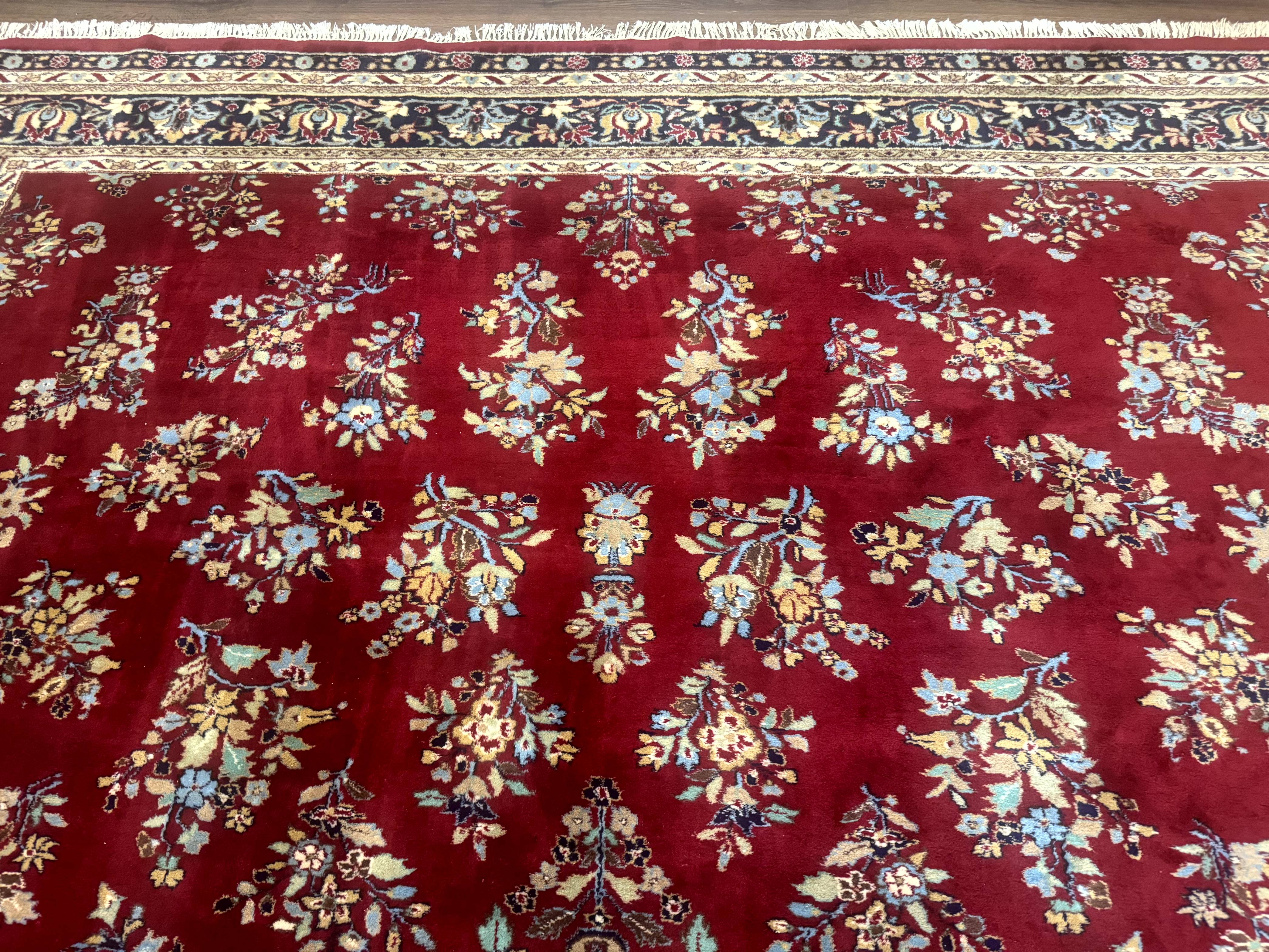 Indo Persian Sarouk Rug 10x14, Large Red and Navy Blue Carpet, Traditional Floral Wool Rug - Image 3
