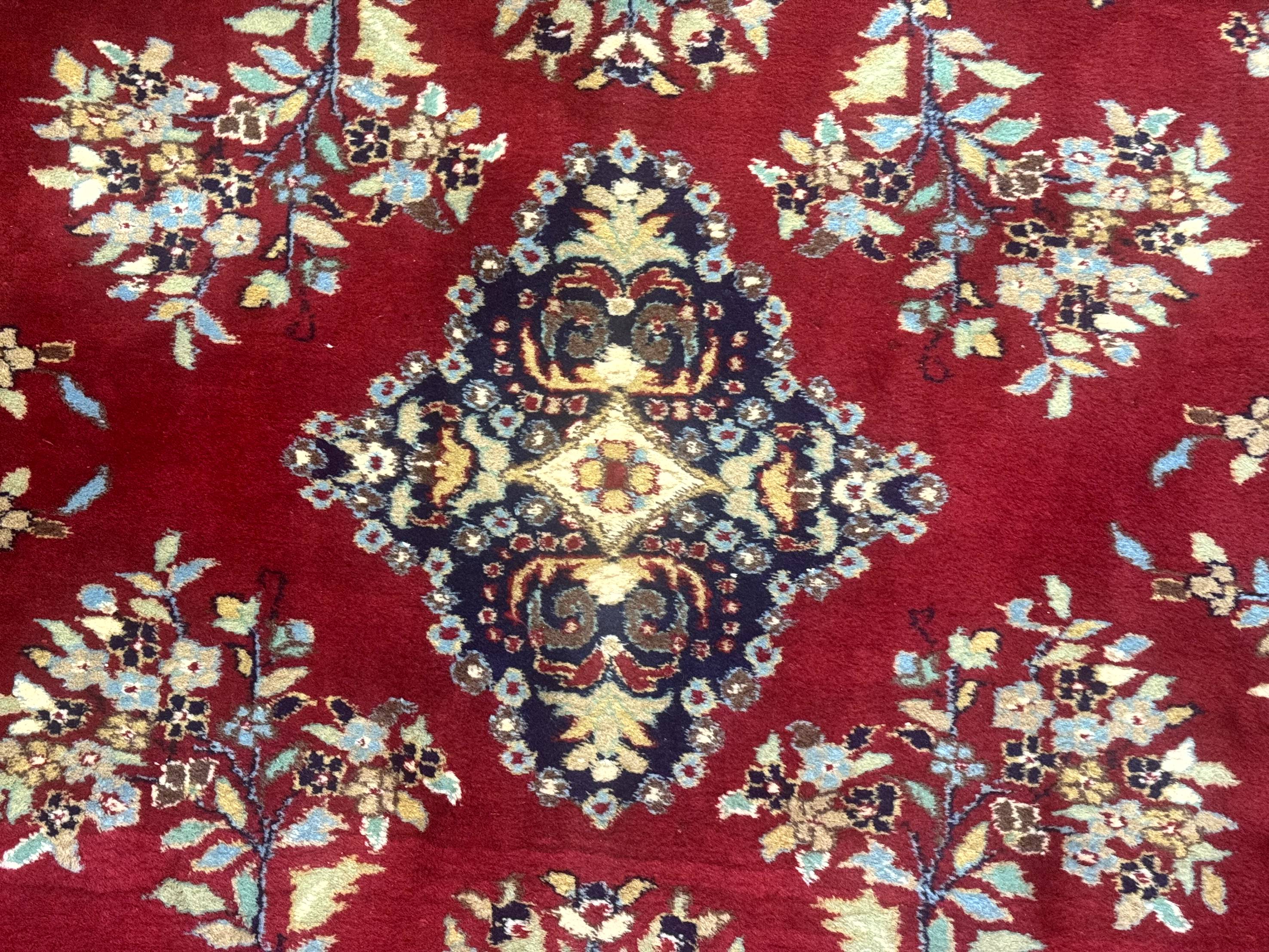 Indo Persian Sarouk Rug 10x14, Large Red and Navy Blue Carpet, Traditional Floral Wool Rug - Image 4