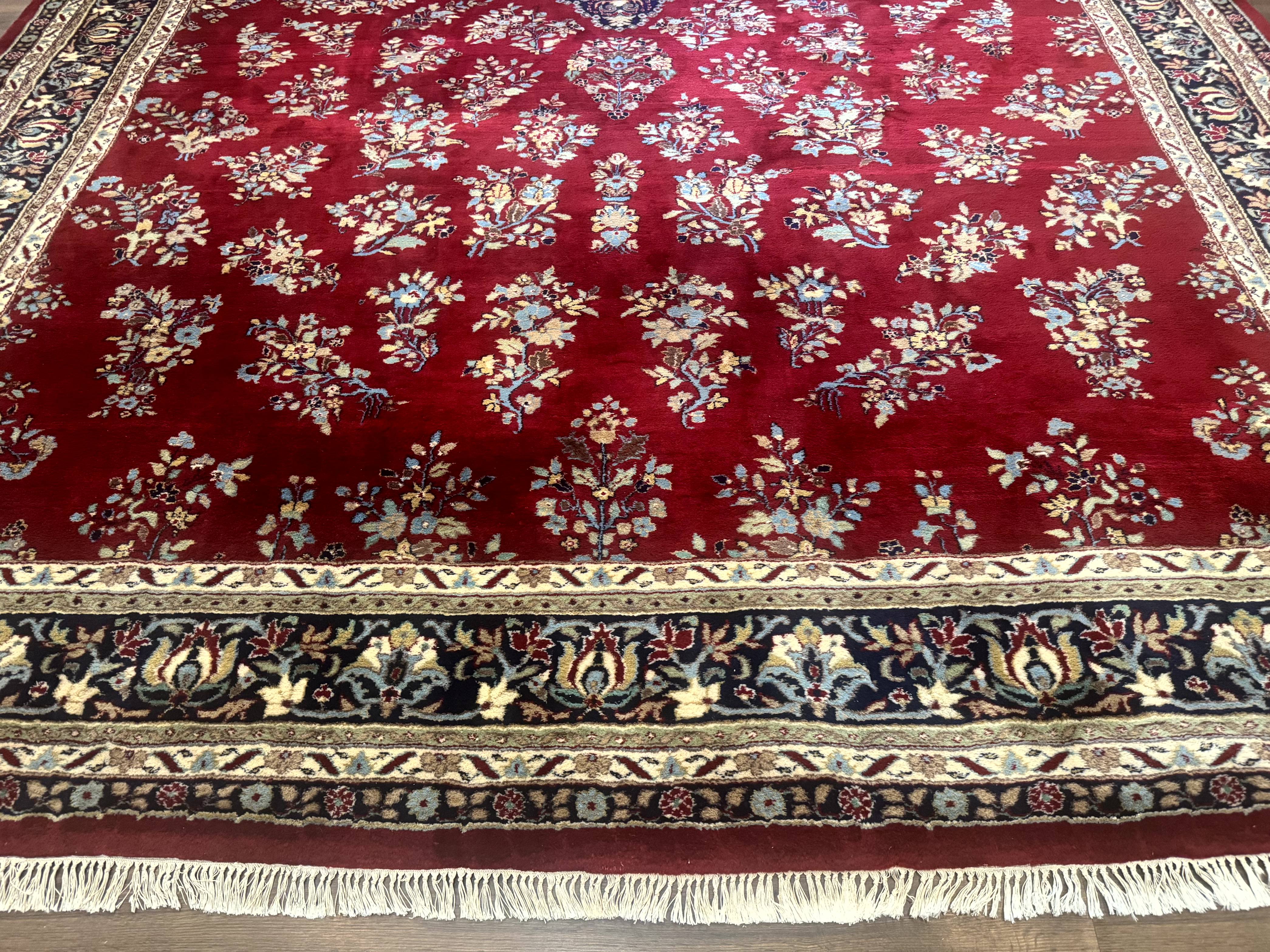 Indo Persian Sarouk Rug 10x14, Large Red and Navy Blue Carpet, Traditional Floral Wool Rug - Image 5