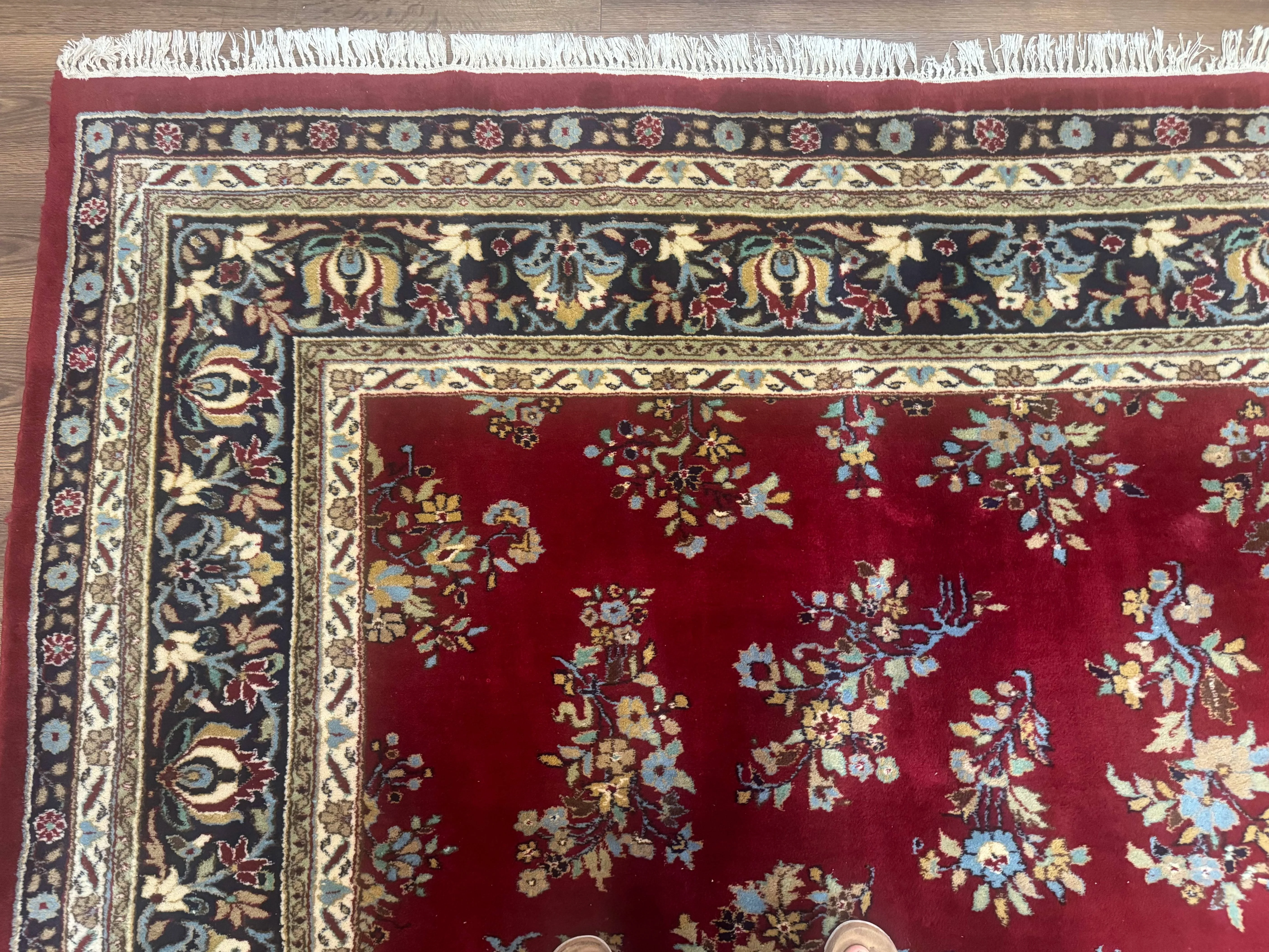 Indo Persian Sarouk Rug 10x14, Large Red and Navy Blue Carpet, Traditional Floral Wool Rug - Image 6