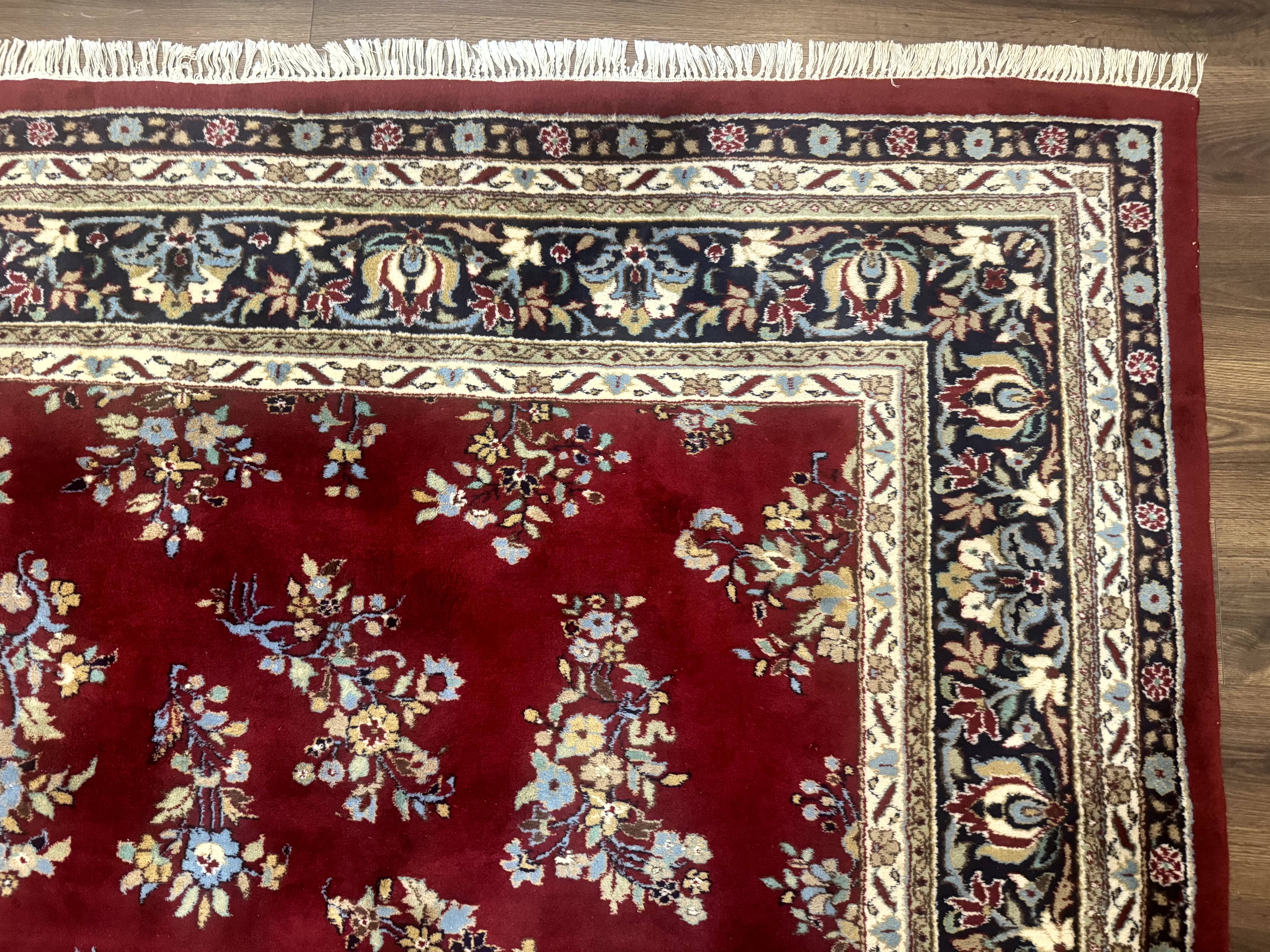 Indo Persian Sarouk Rug 10x14, Large Red and Navy Blue Carpet, Traditional Floral Wool Rug - Image 7