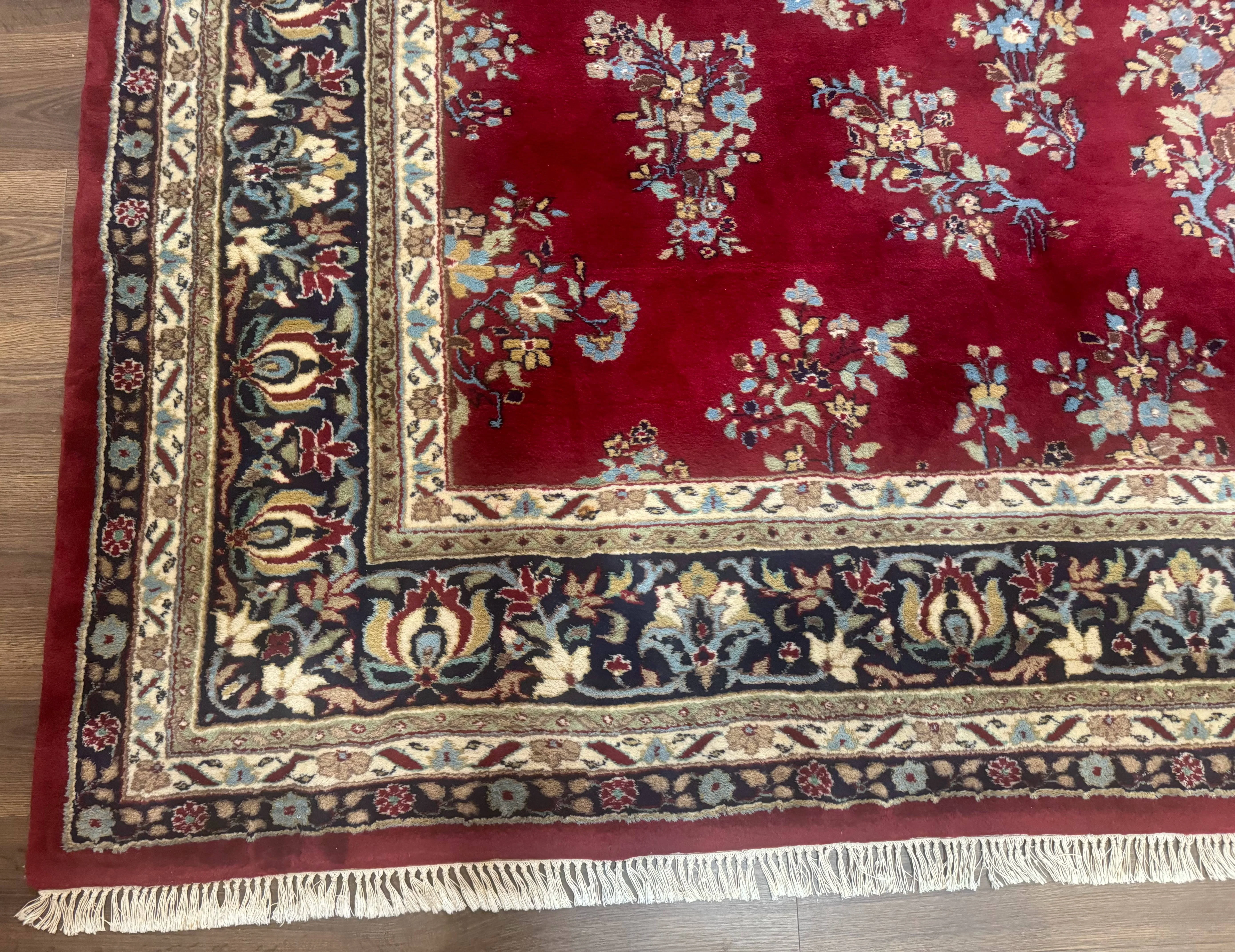 Indo Persian Sarouk Rug 10x14, Large Red and Navy Blue Carpet, Traditional Floral Wool Rug - Image 8