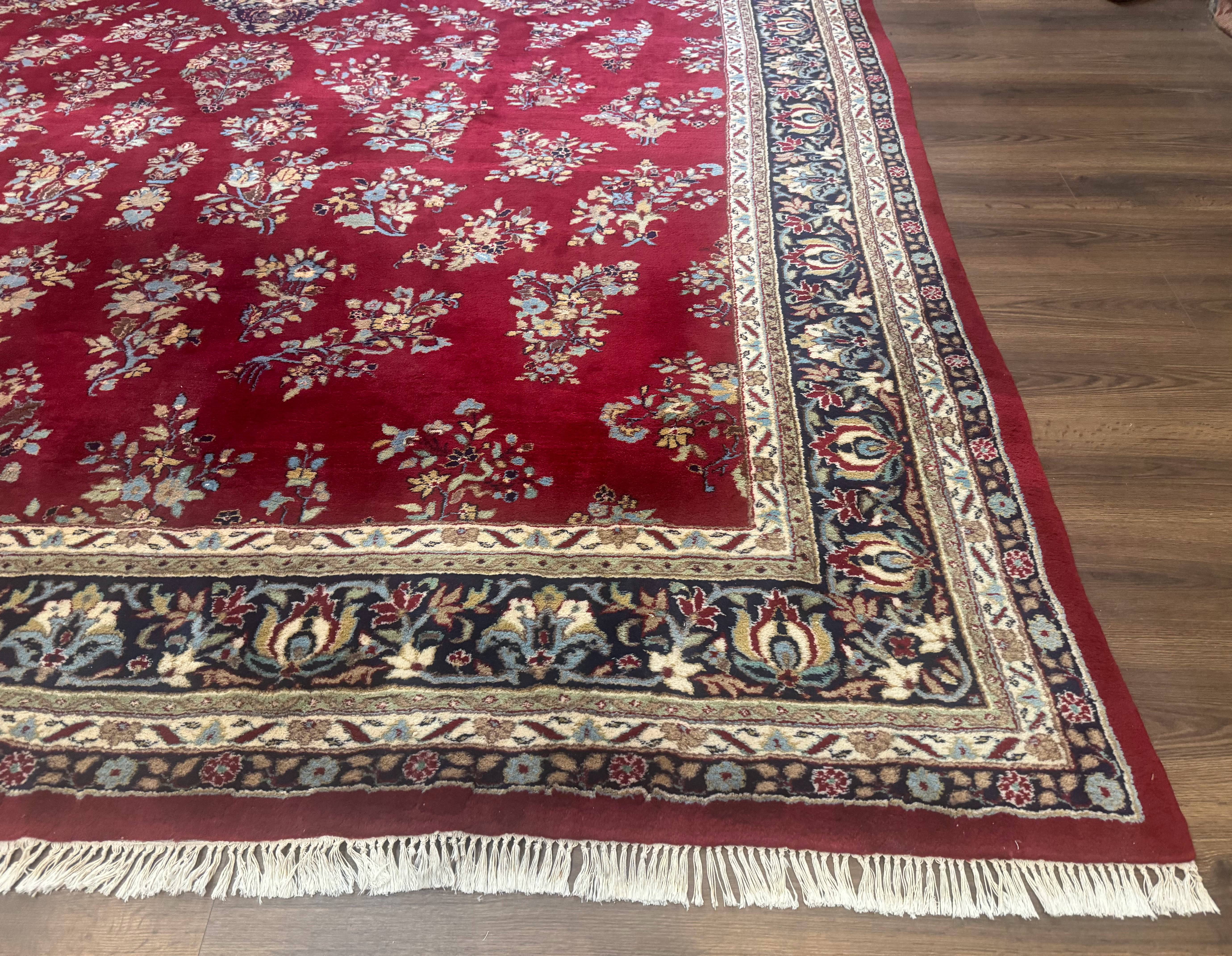 Indo Persian Sarouk Rug 10x14, Large Red and Navy Blue Carpet, Traditional Floral Wool Rug - Image 9