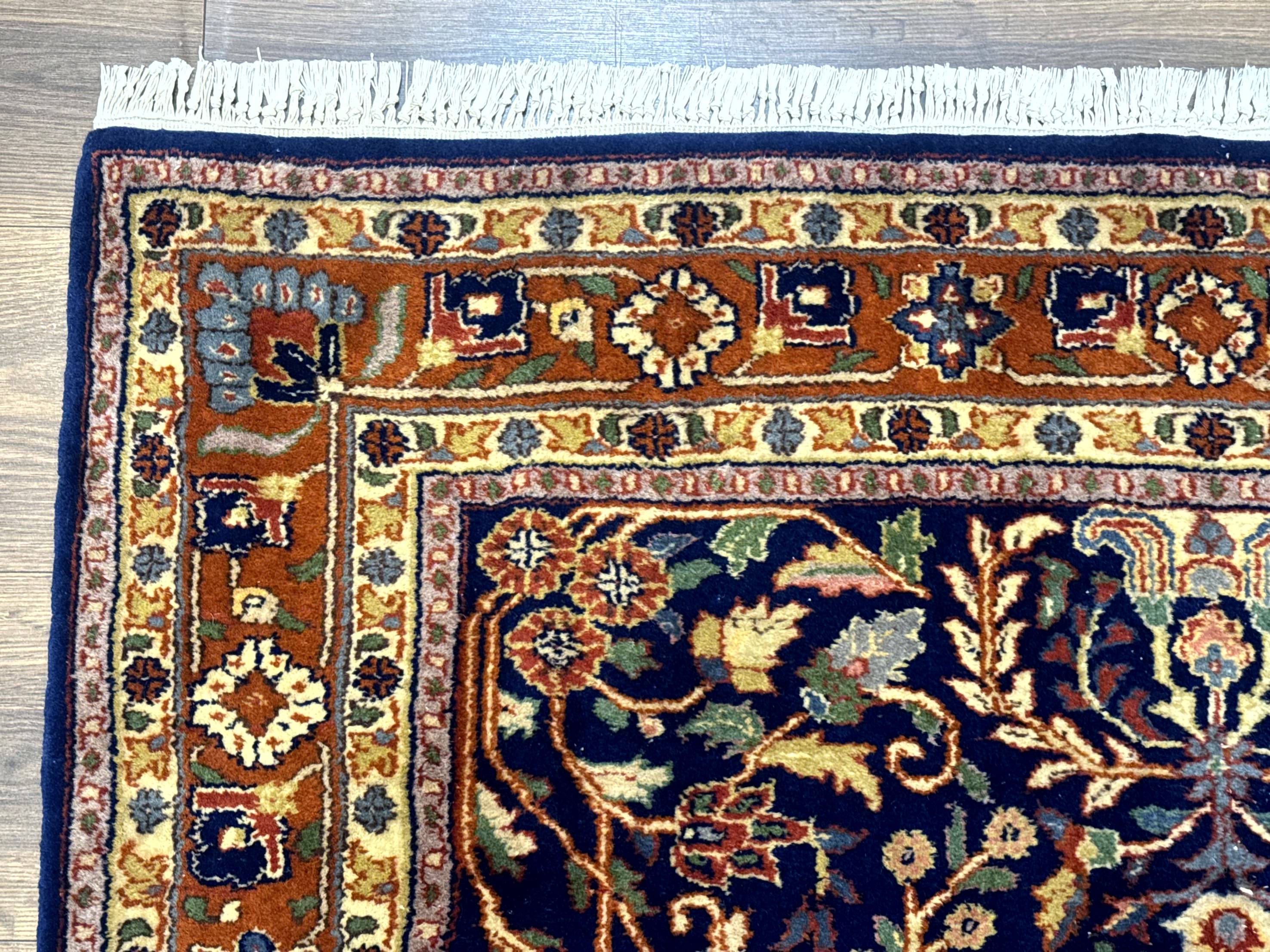 Indo Persian Sarouk Rug 4x6, Blue and Rust Red - Image 6