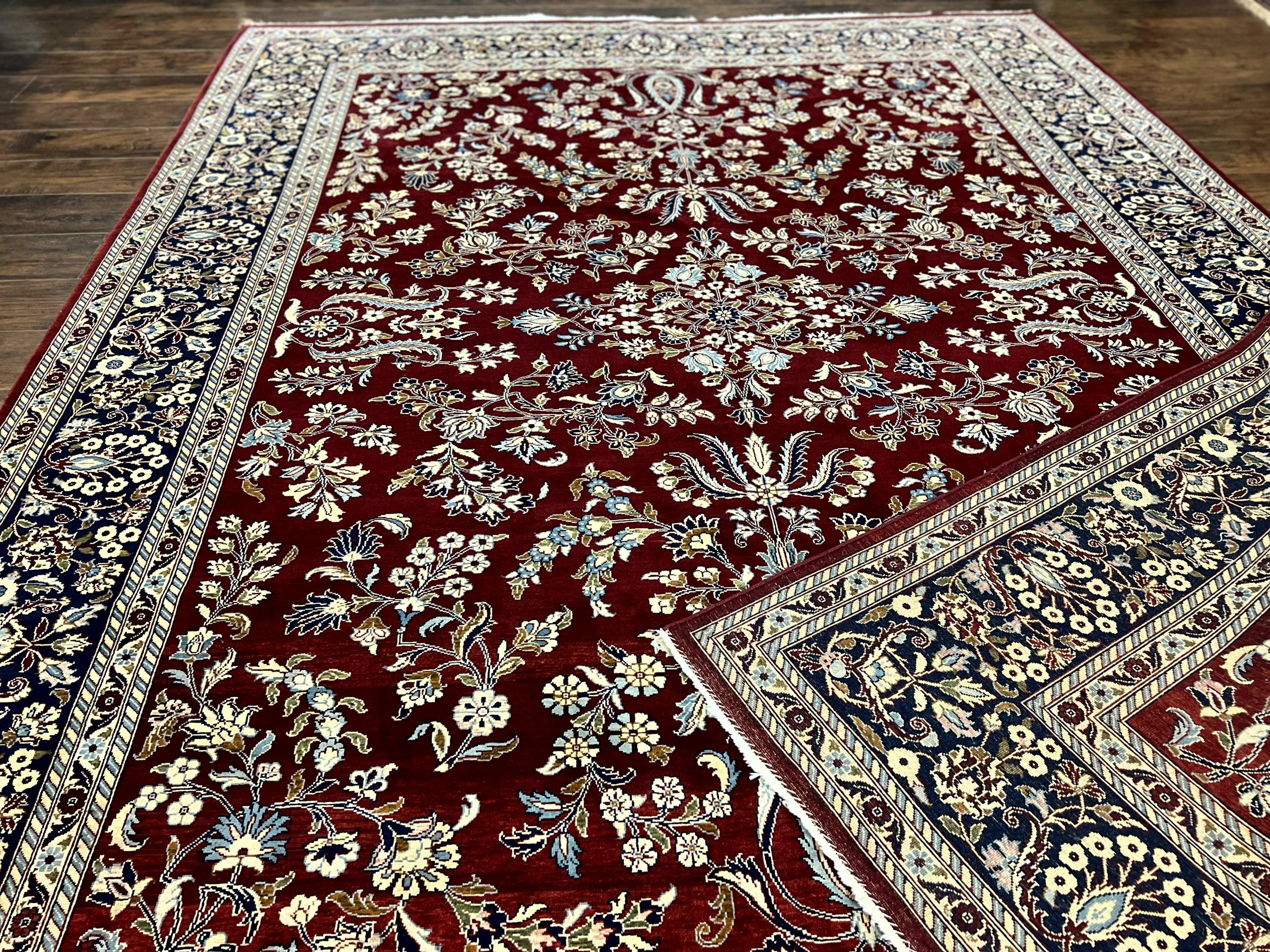 Indo Persian Sarouk Rug 9x12, Floral Allover, Dark Red & Navy Blue, Handmade Vintage Wool Carpet - Image 11