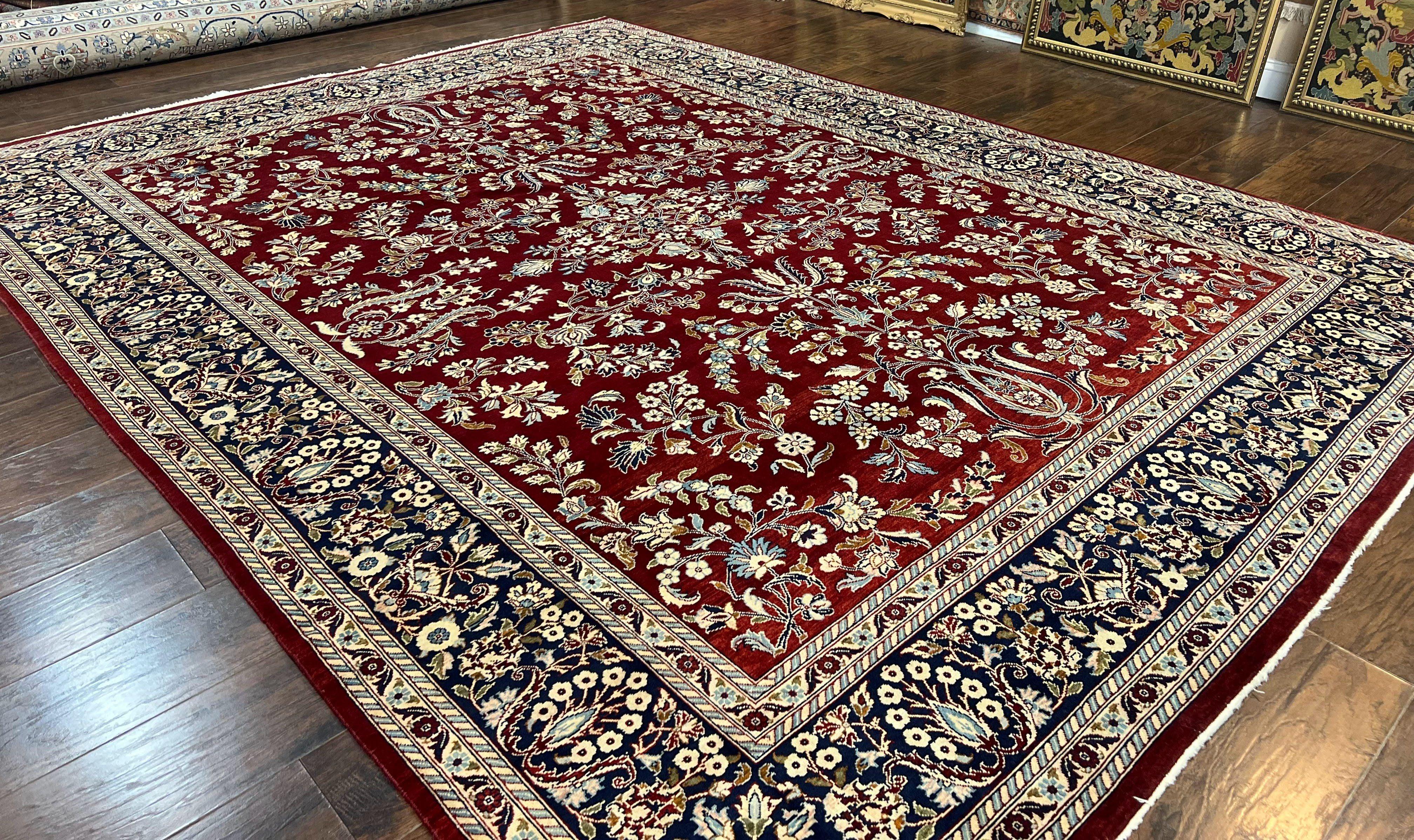 Indo Persian Sarouk Rug 9x12, Floral Allover, Dark Red & Navy Blue, Handmade Vintage Wool Carpet - Image 12