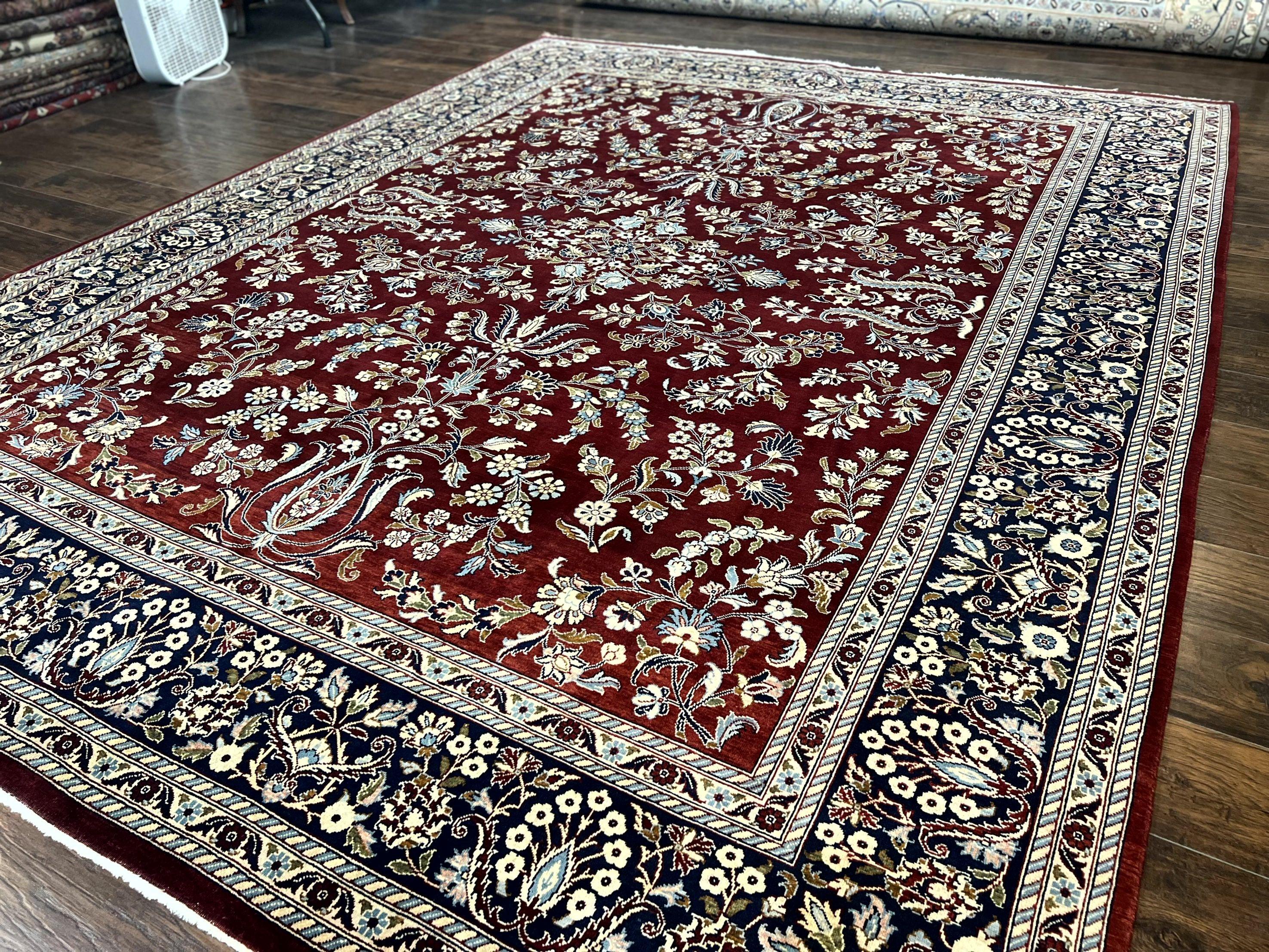 Indo Persian Sarouk Rug 9x12, Floral Allover, Dark Red & Navy Blue, Handmade Vintage Wool Carpet - Image 2