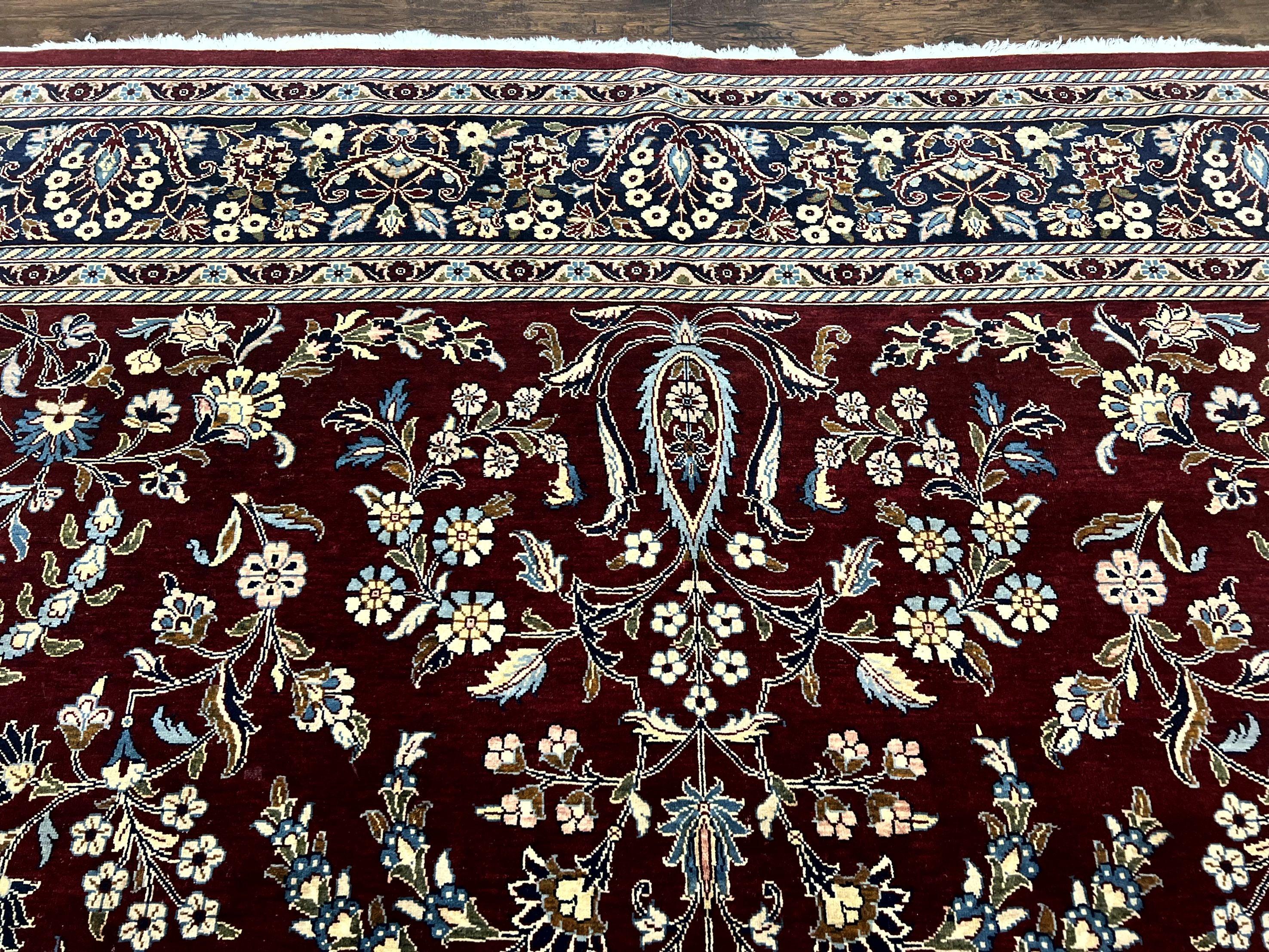 Indo Persian Sarouk Rug 9x12, Floral Allover, Dark Red & Navy Blue, Handmade Vintage Wool Carpet - Image 3