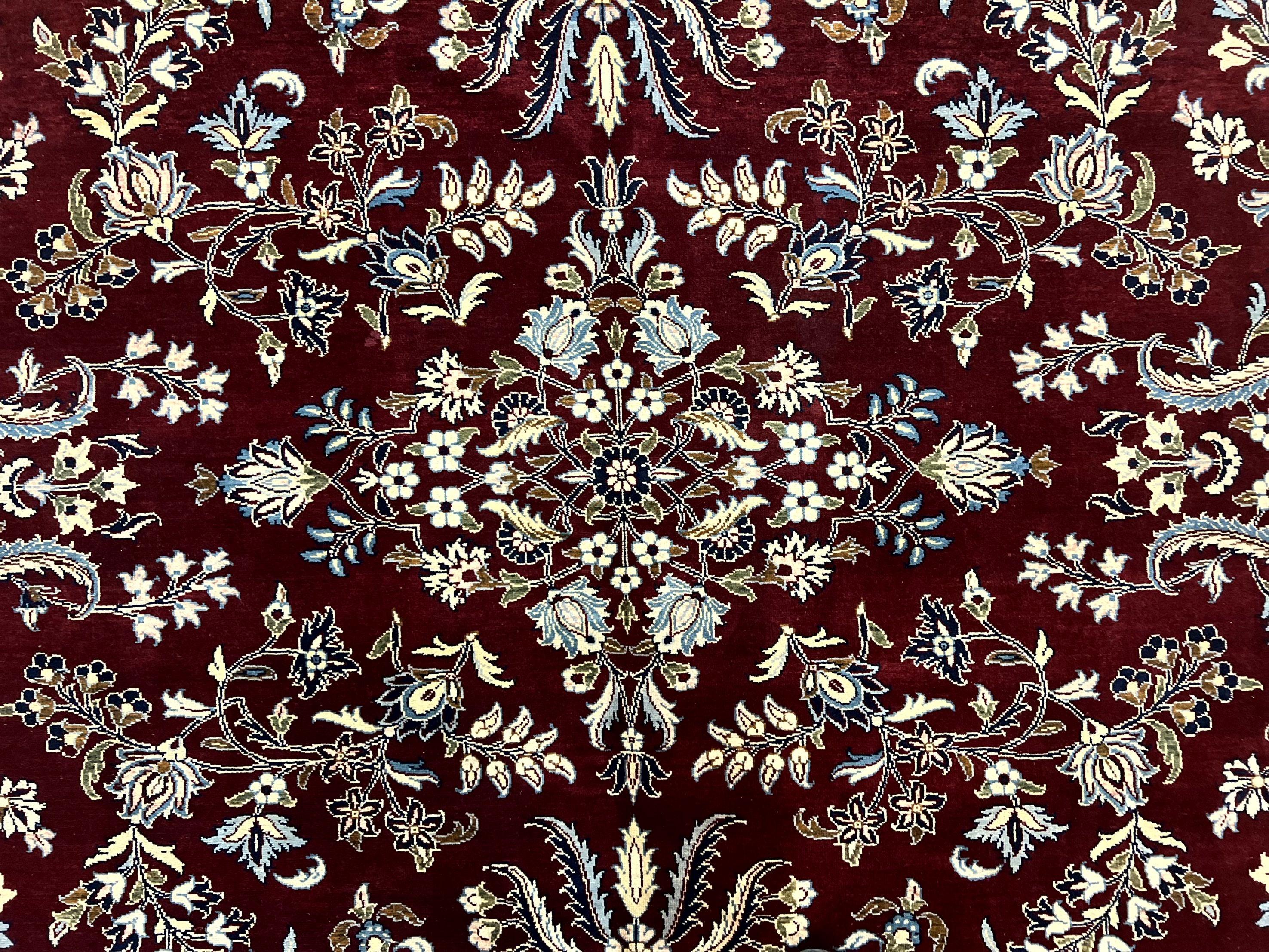 Indo Persian Sarouk Rug 9x12, Floral Allover, Dark Red & Navy Blue, Handmade Vintage Wool Carpet - Image 4