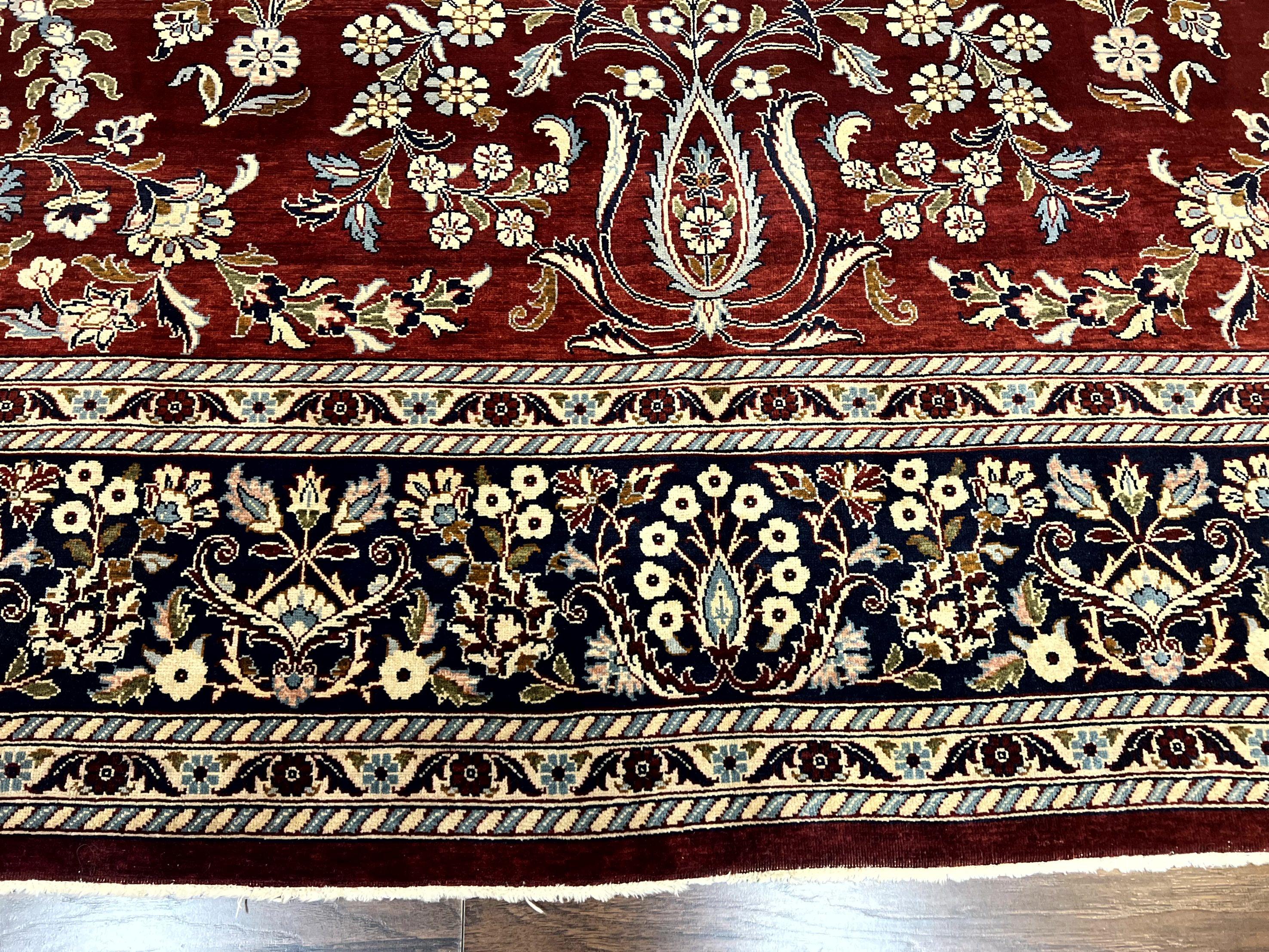 Indo Persian Sarouk Rug 9x12, Floral Allover, Dark Red & Navy Blue, Handmade Vintage Wool Carpet - Image 5