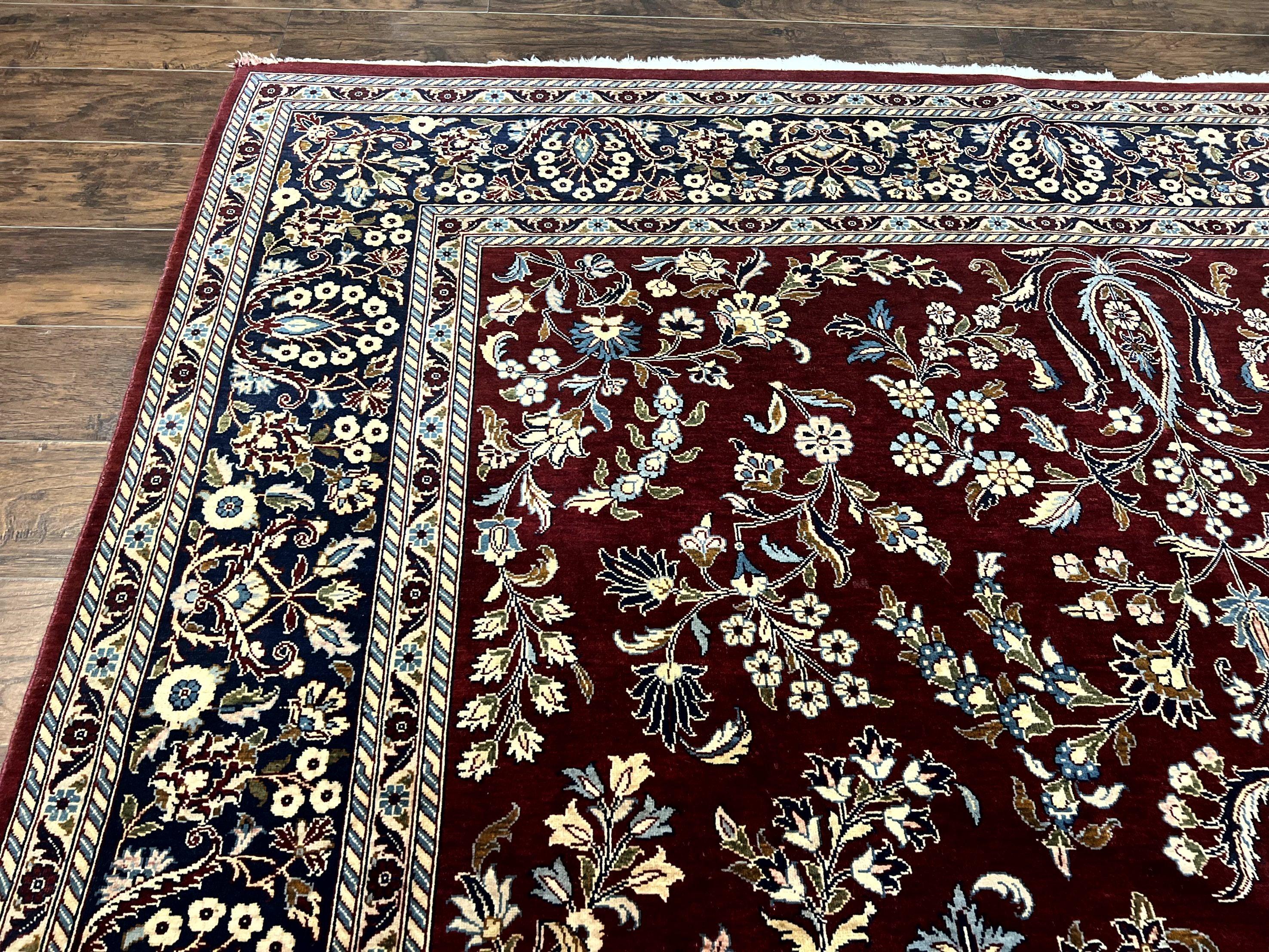 Indo Persian Sarouk Rug 9x12, Floral Allover, Dark Red & Navy Blue, Handmade Vintage Wool Carpet - Image 6
