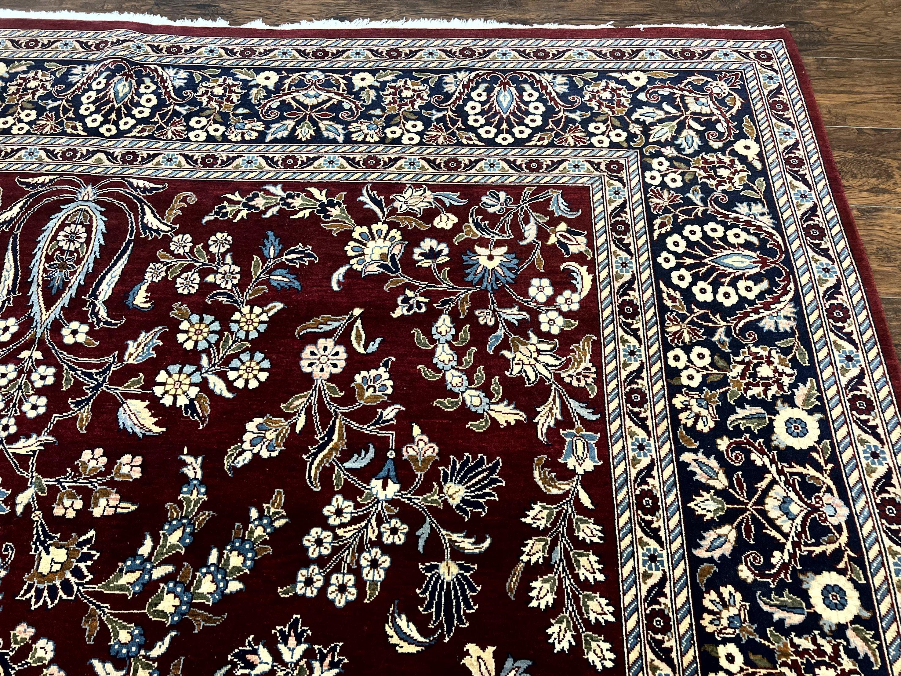 Indo Persian Sarouk Rug 9x12, Floral Allover, Dark Red & Navy Blue, Handmade Vintage Wool Carpet - Image 7