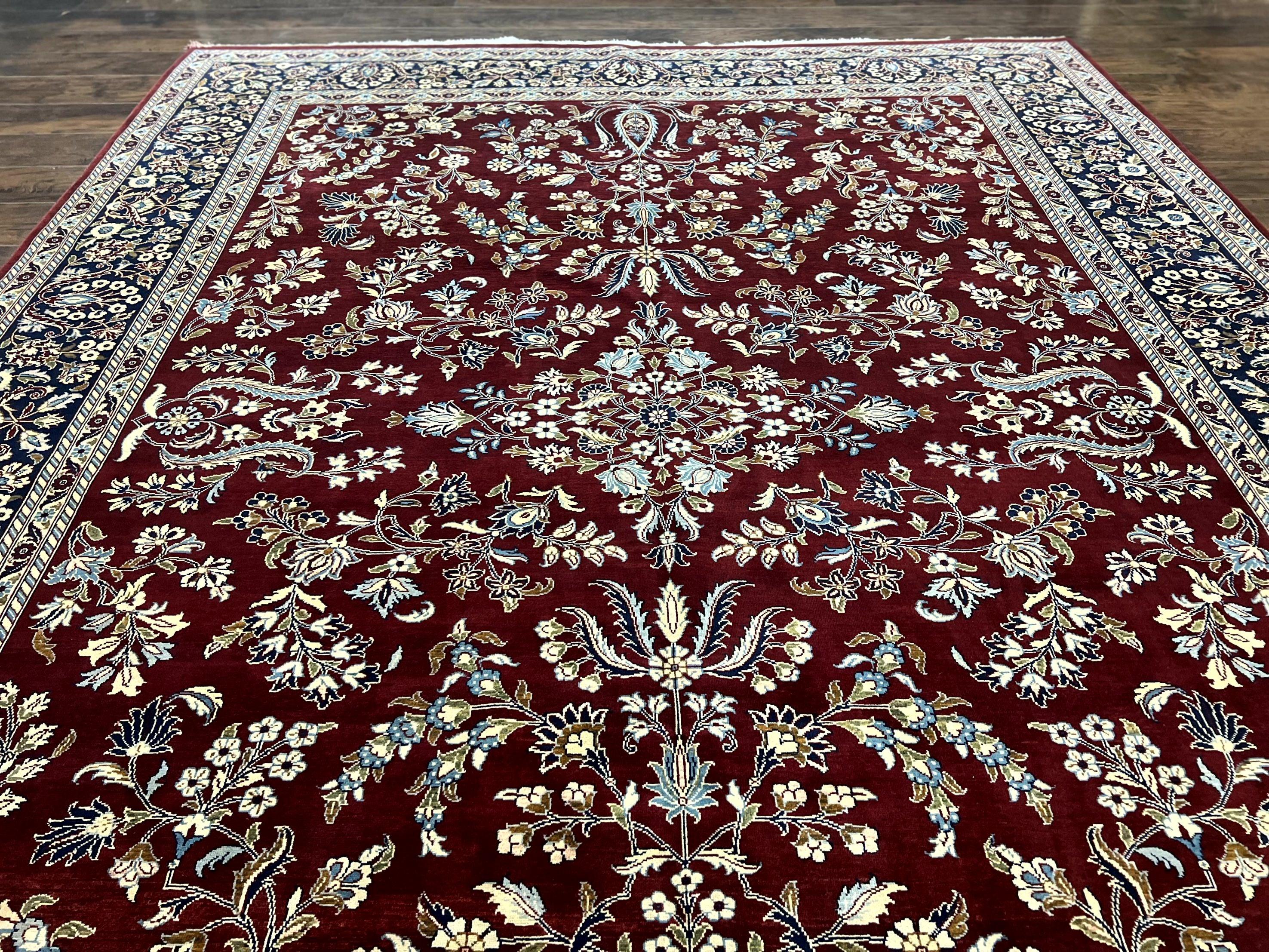 Indo Persian Sarouk Rug 9x12, Floral Allover, Dark Red & Navy Blue, Handmade Vintage Wool Carpet - Image 8