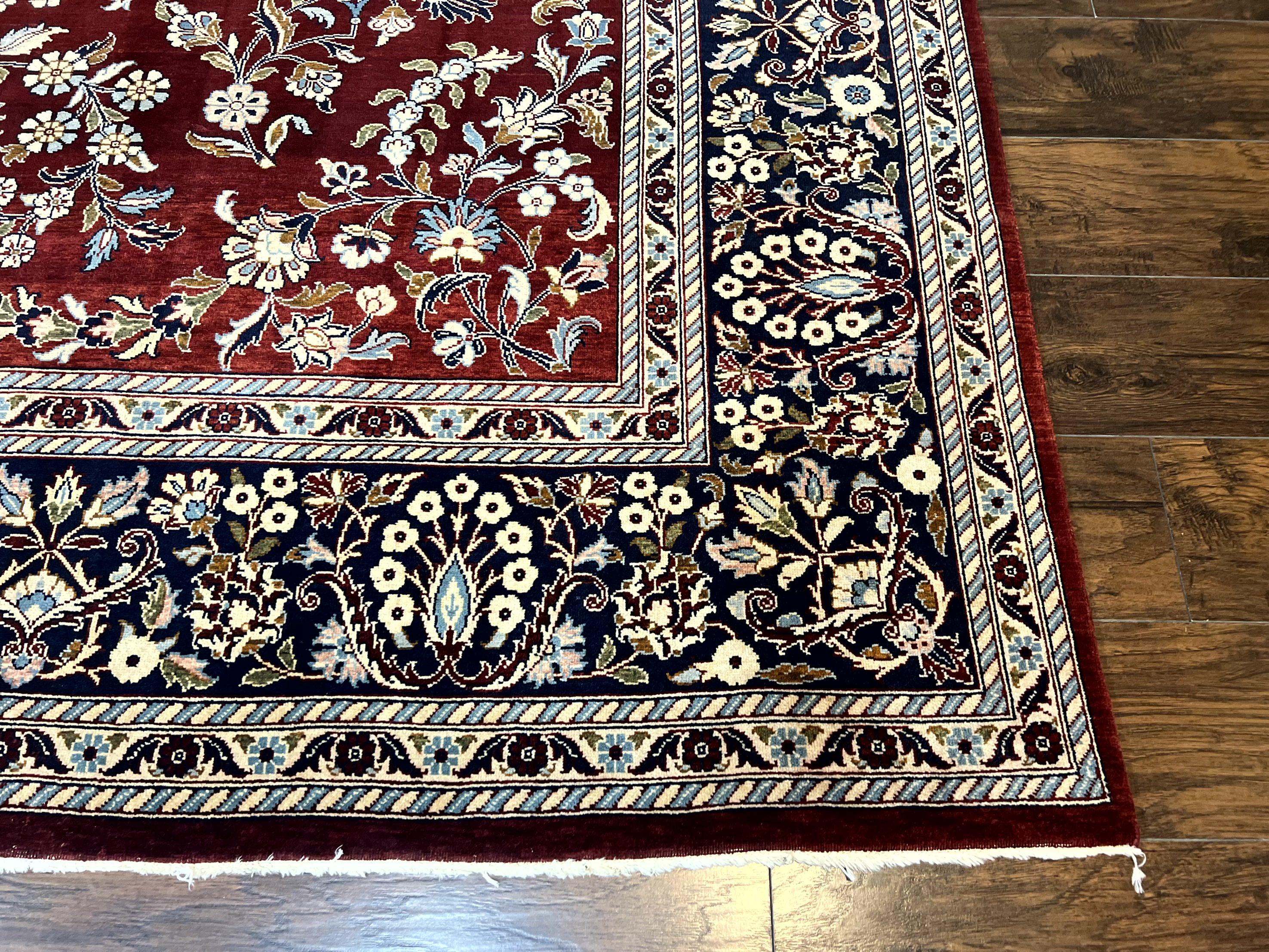 Indo Persian Sarouk Rug 9x12, Floral Allover, Dark Red & Navy Blue, Handmade Vintage Wool Carpet - Image 9