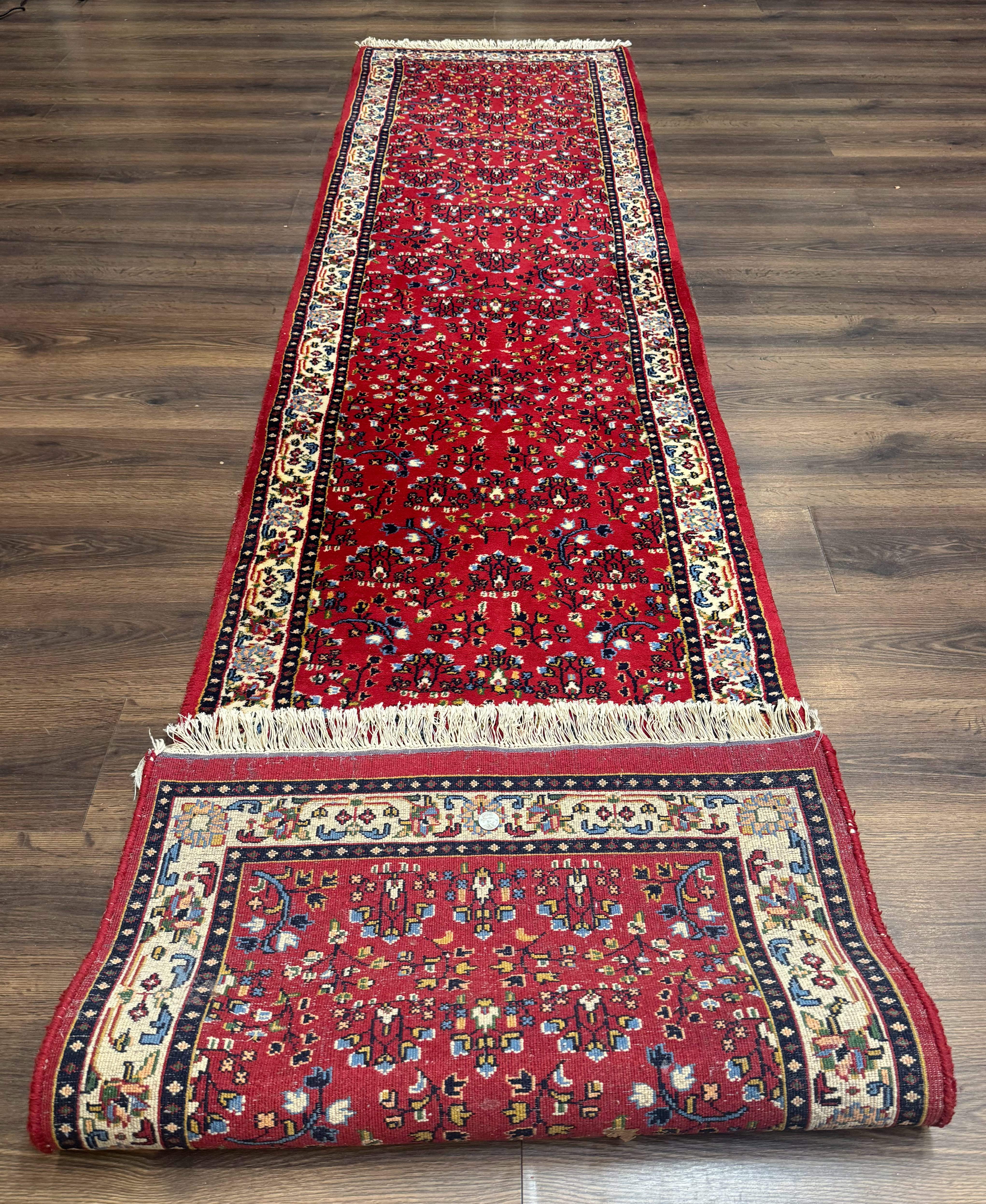 Indo Persian Sarouk Runner Rug 3 x 12, Red and Cream, Allover Pattern, 12ft Runner, Hand Knotted - Image 10