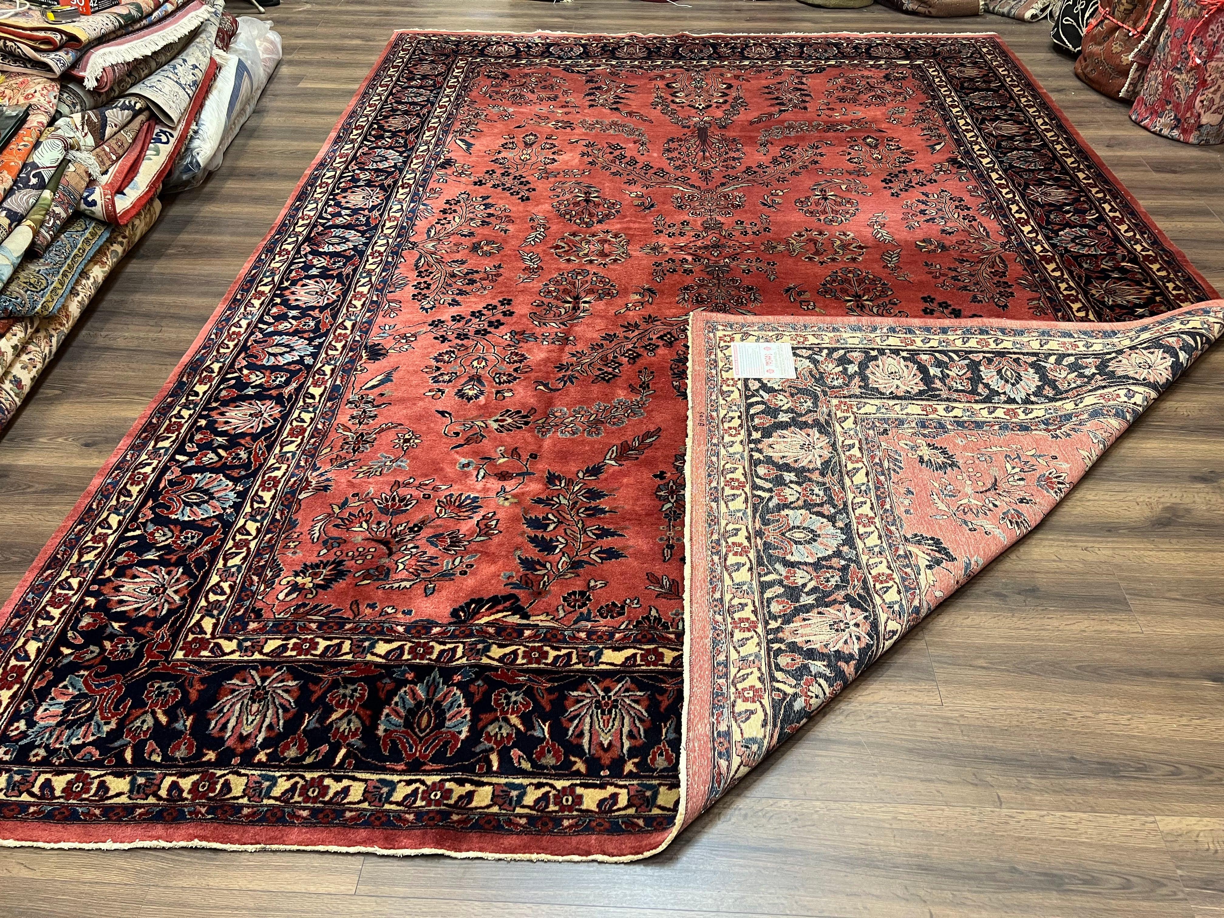 Indo Sarouk Rug 10x14, Vintage Indian Persian Area Rug 10 x 14, Wool Hand-Knotted Oriental Carpet, Red Floral Allover Large Rug, Beautiful - Image 11