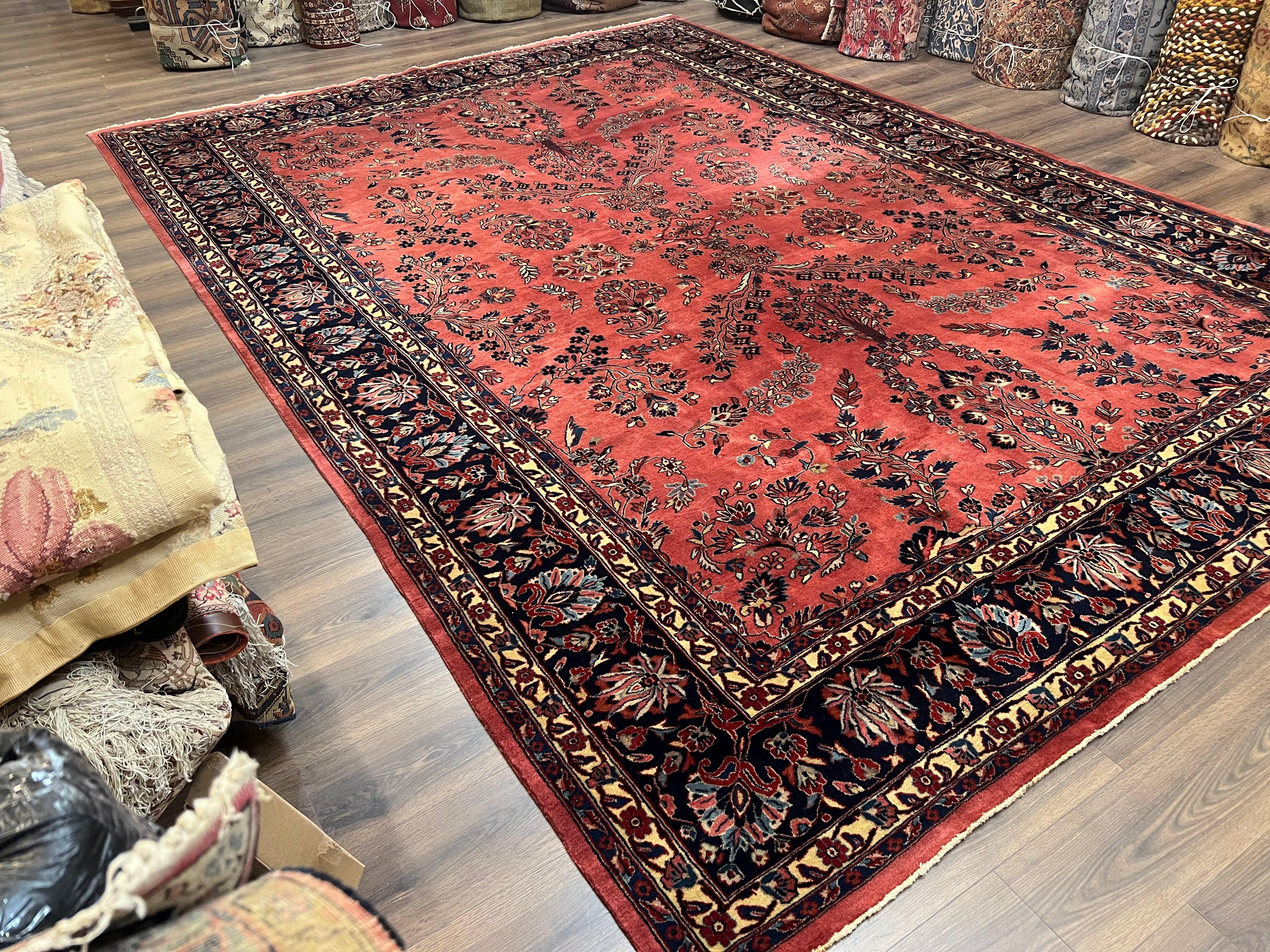 Indo Sarouk Rug 10x14, Vintage Indian Persian Area Rug 10 x 14, Wool Hand-Knotted Oriental Carpet, Red Floral Allover Large Rug, Beautiful - Image 3