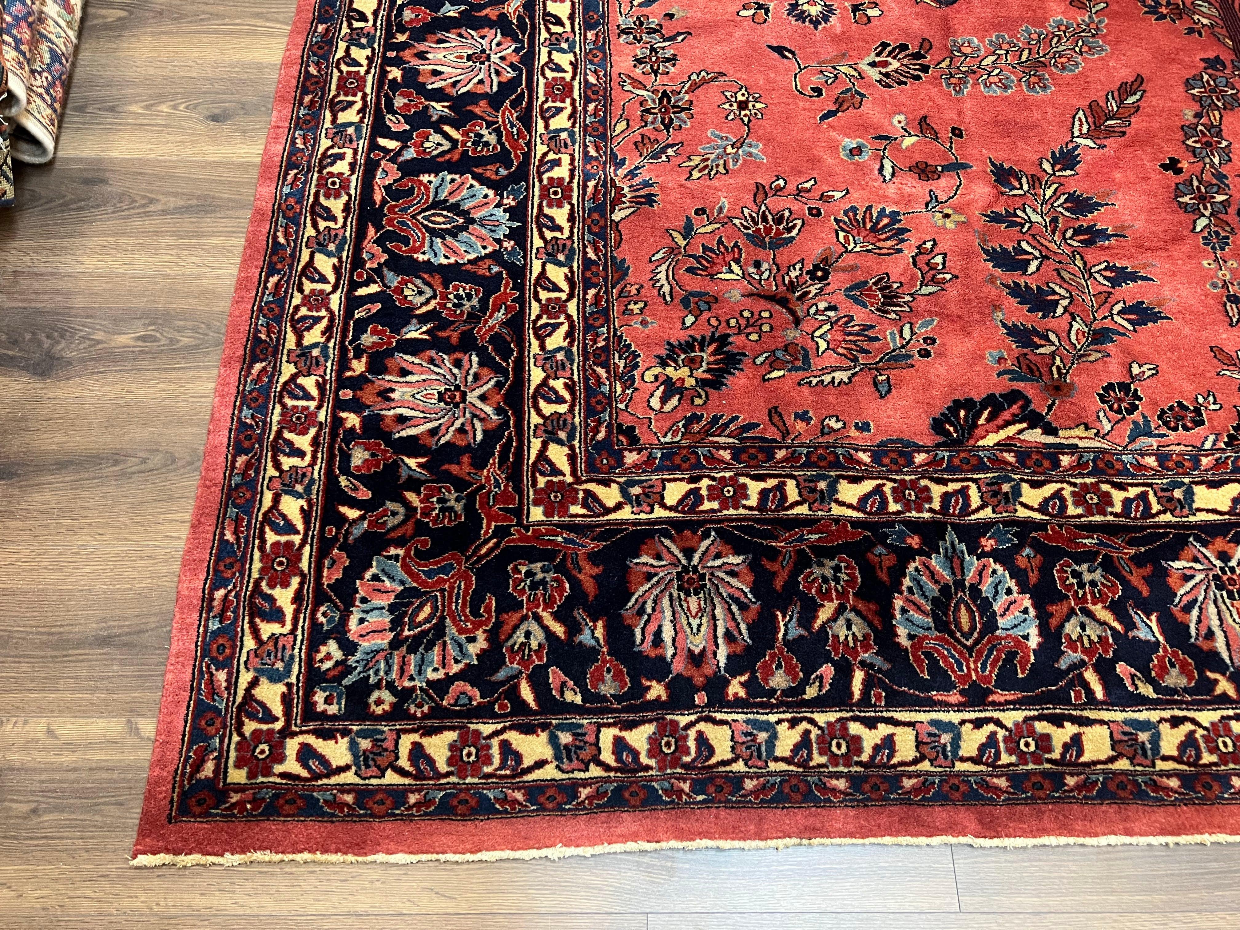 Indo Sarouk Rug 10x14, Vintage Indian Persian Area Rug 10 x 14, Wool Hand-Knotted Oriental Carpet, Red Floral Allover Large Rug, Beautiful - Image 8