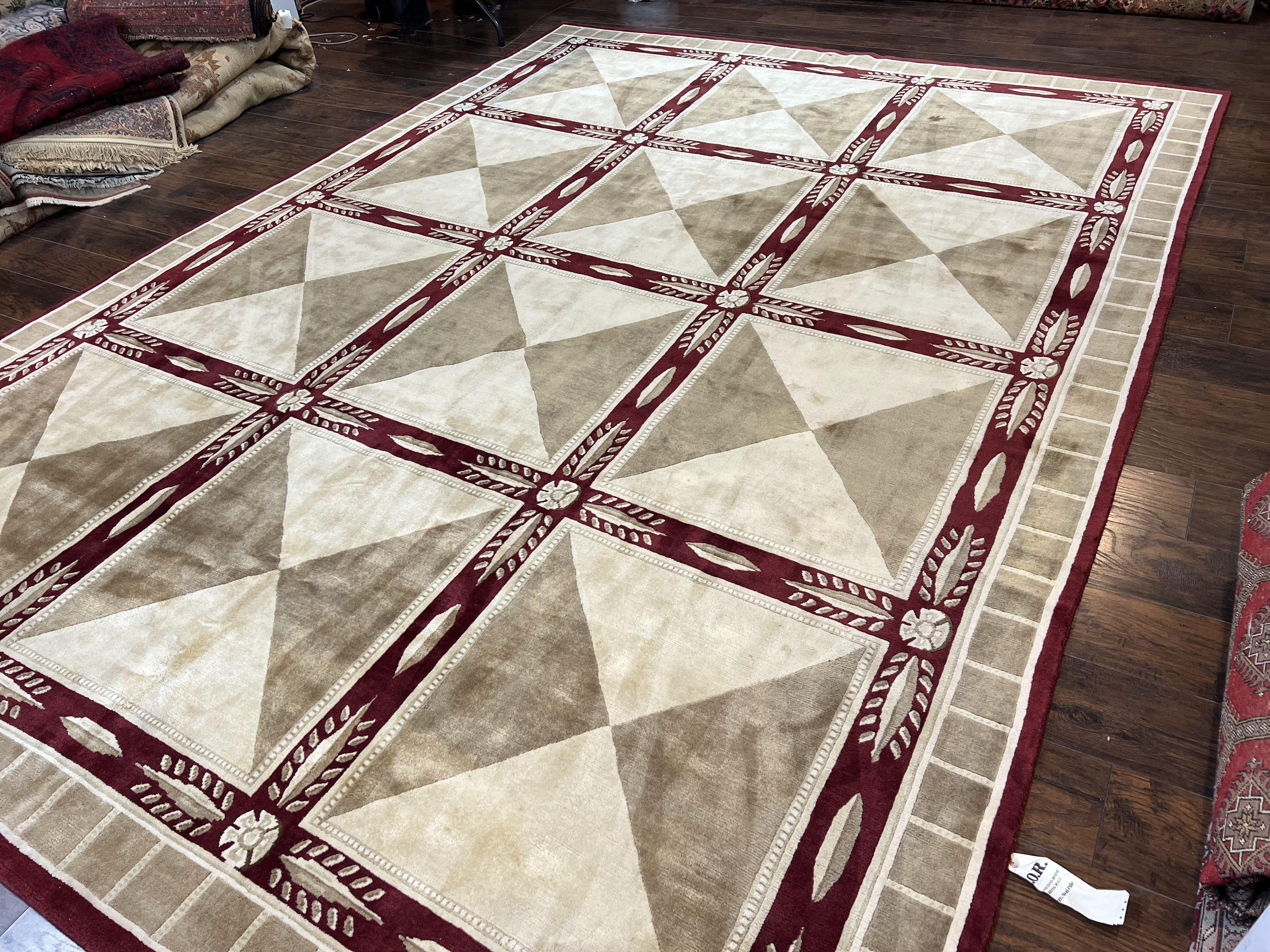 Indo Tibetan Rug 10x14, Nepali Carpet, Large Soft Wool Area Rug, Olive Tan Maroon, Contemporary Rug 10 x 14 ft Living Room Rug, Handmade Rug - Image 2
