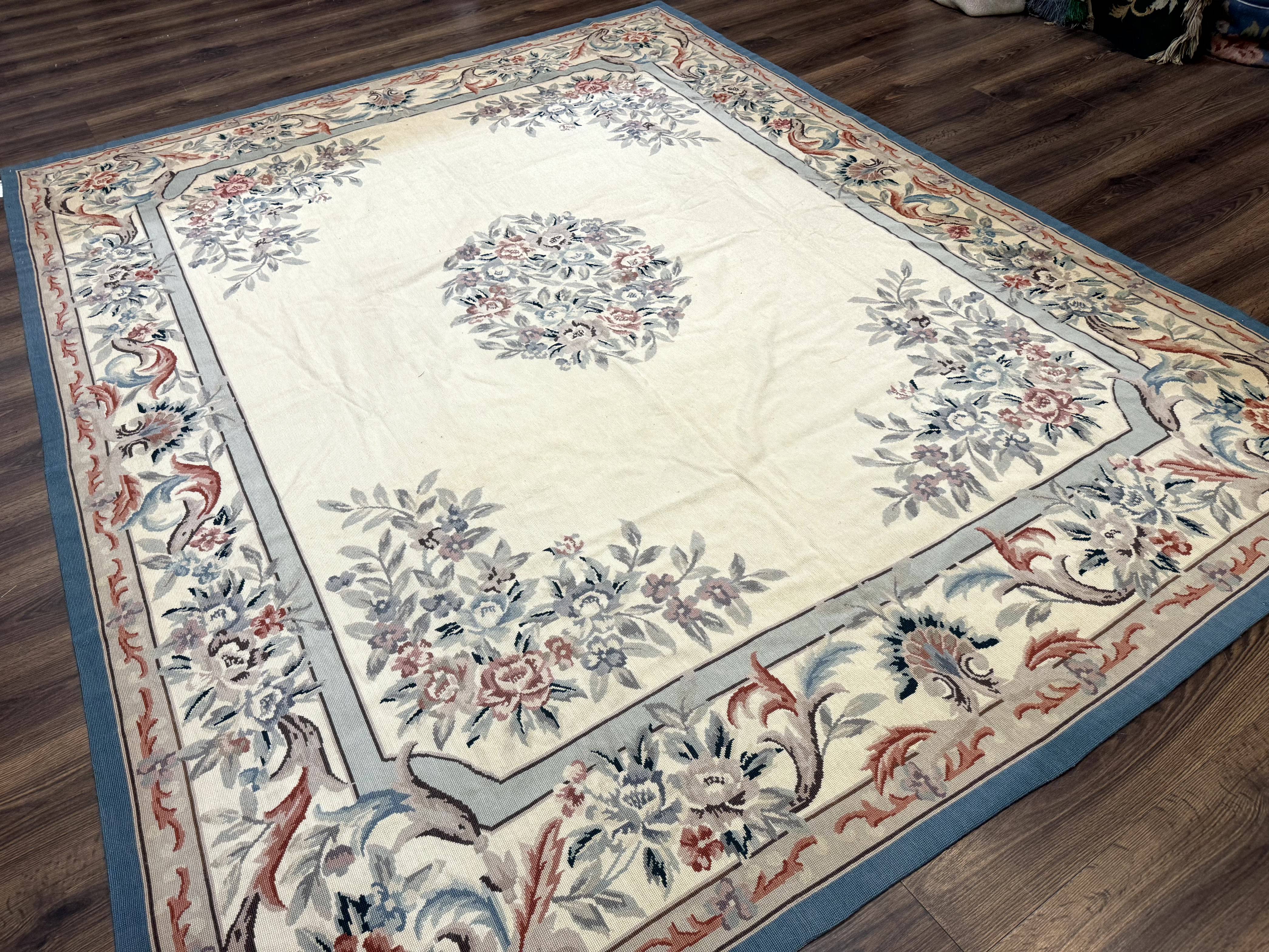 Ivory Needlepoint Rug 8x10, Wool Handmade Carpet - Image 12