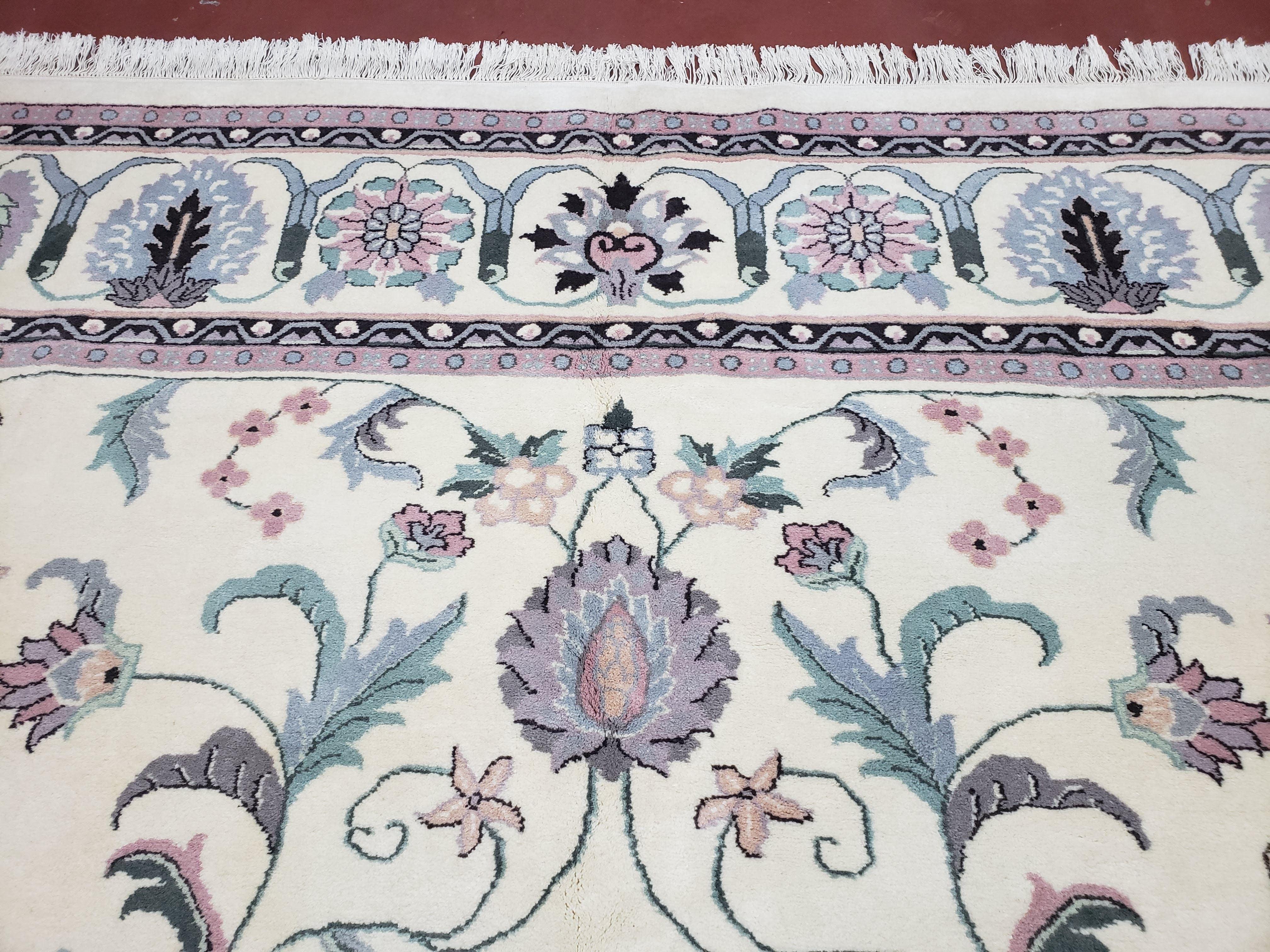 Ivory & Teal Indo Persian Area Rug 9x12, Wool Hand-Knotted Oriental Carpet, 9 x 12 Soft Traditional Living Room Rug, Dining Room Rug - Image 12