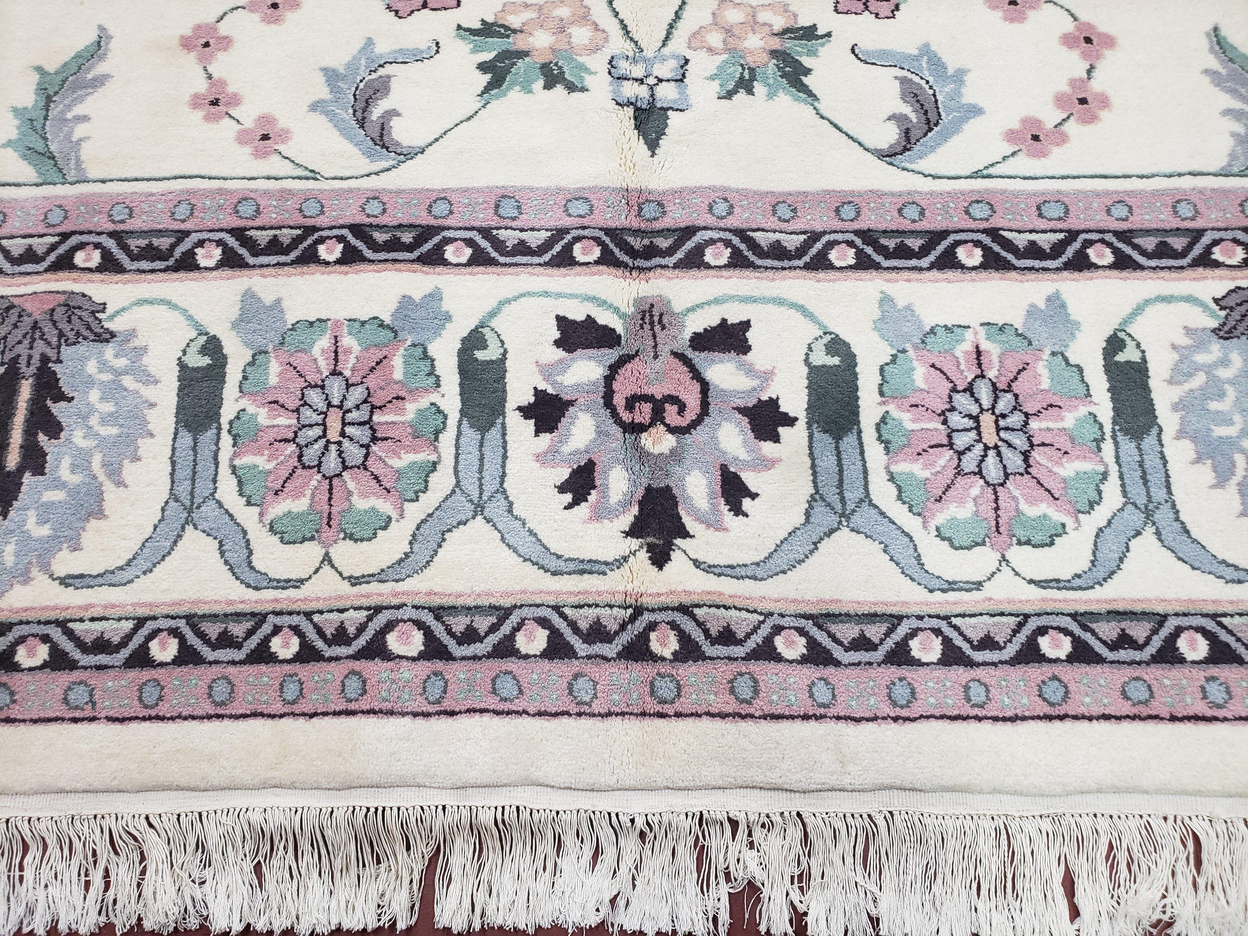 Ivory & Teal Indo Persian Area Rug 9x12, Wool Hand-Knotted Oriental Carpet, 9 x 12 Soft Traditional Living Room Rug, Dining Room Rug - Image 5