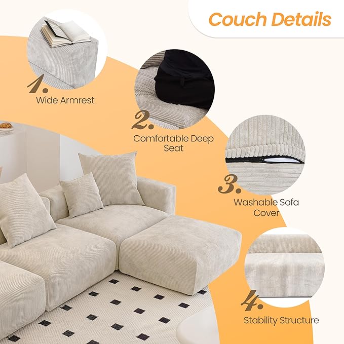 Kanso Corduroy Modular Bouclé Cloud Couch - Beige - 4-Seater Sectional Sofa with 2 Ottomans - Image 4