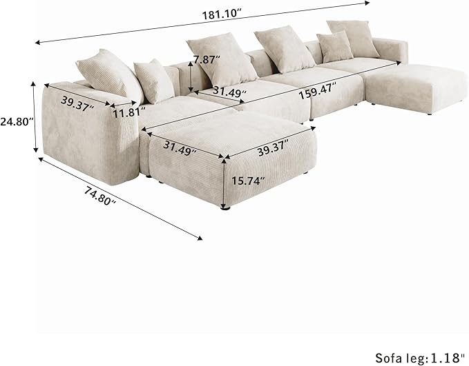 Kanso Corduroy Modular Bouclé Cloud Couch - Beige - 4-Seater Sectional Sofa with 2 Ottomans - Image 6