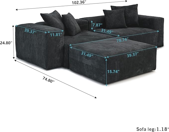 Kanso Corduroy Modular Bouclé Cloud Couch - Black - 2-Seater Sectional Sofa with Ottoman - Image 6