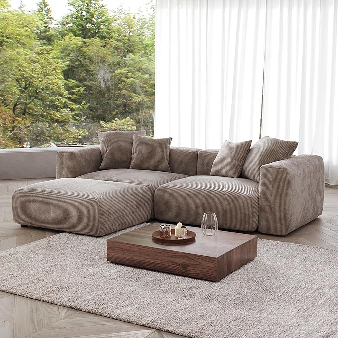 Kanso Corduroy Modular Bouclé Cloud Couch - Brown - 2-Seater Sectional Sofa with Ottoman - Image 5
